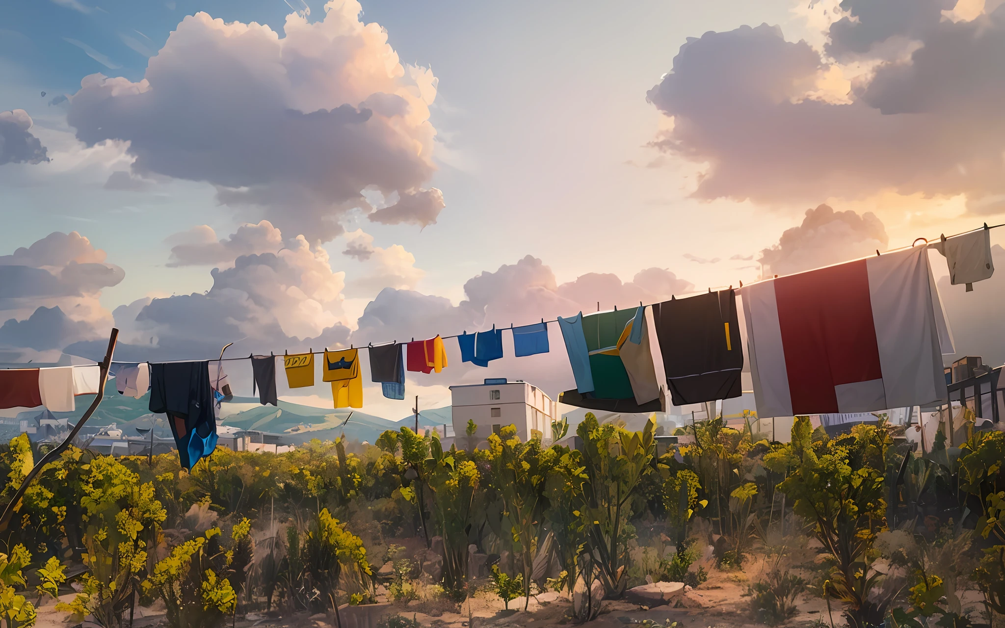 (extremely detailed CG unity 8k wallpaper,masterpiece, best quality, ultra-detailed),(best illumination, an extremely delicate and beautiful)Sunny scene,In the wide film stills, clotheslines full of clothes float,The sky is blue,Clothes hang naturally,Clothes flutter gently in the wind,(1girl),She wears a long dirty green cloth,Left a mark in modern life。
