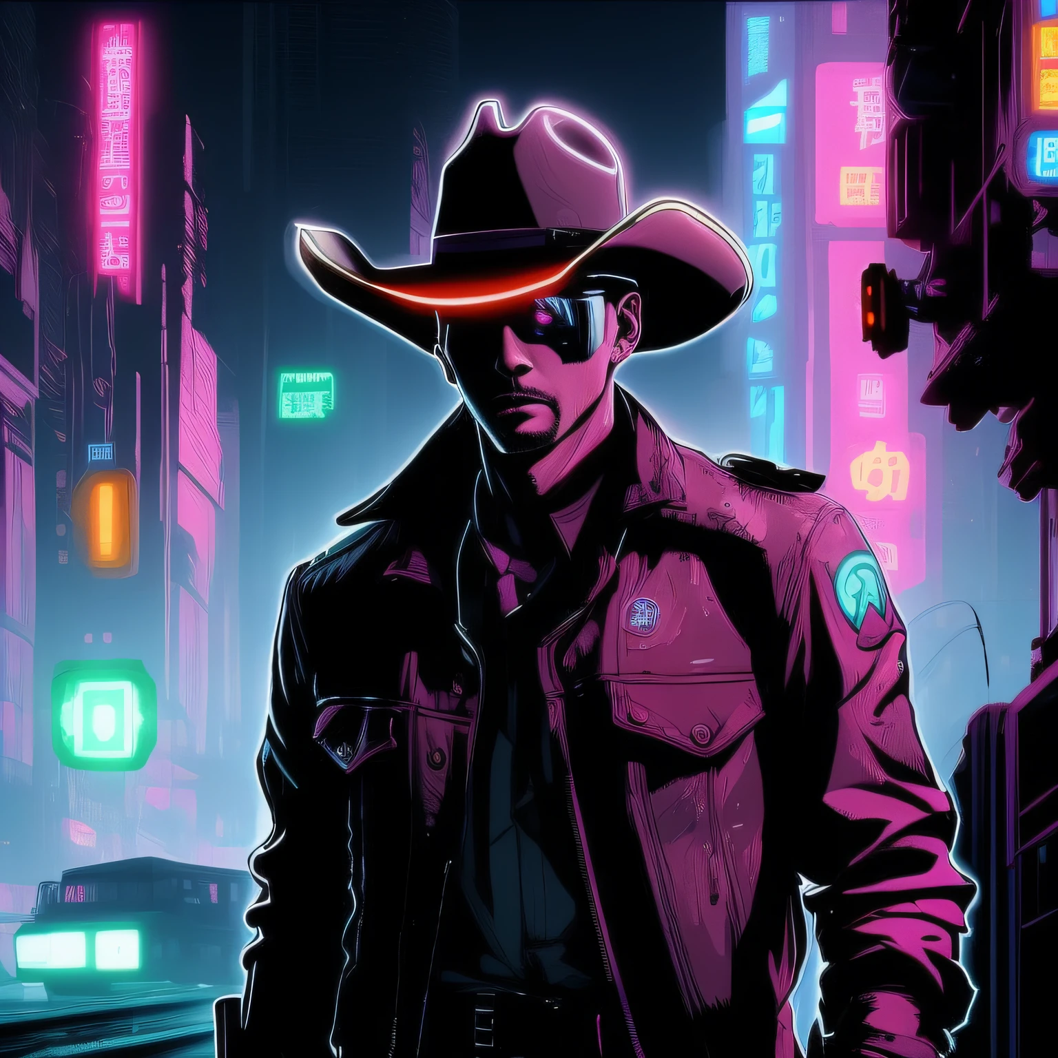 drawing of a cowboy in a cyberpunk city, hat, neon lights, anime line art, Futuristic Clothes