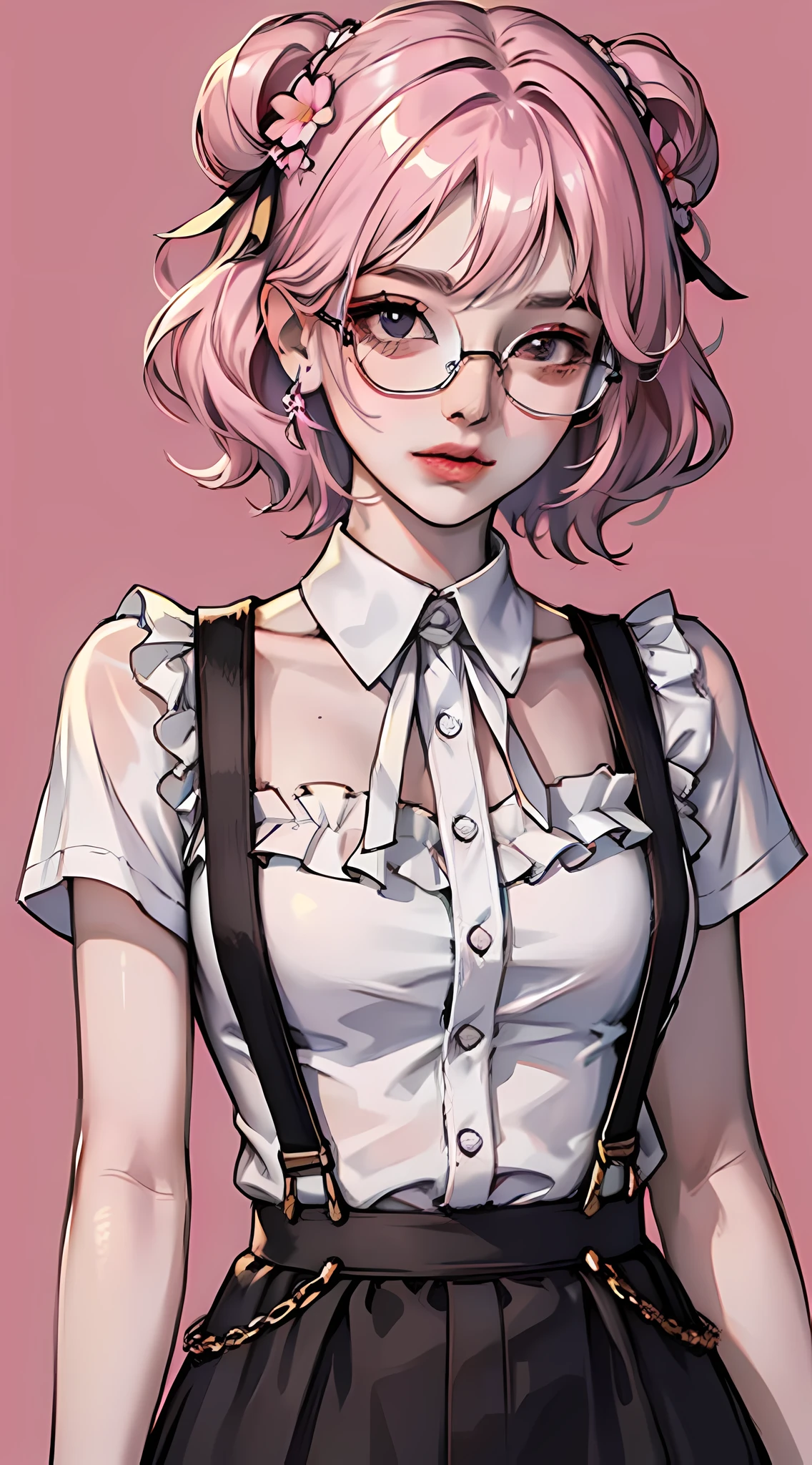 masterpiece:1.2, best quality), (dynamic lighting) 1lady, solo, short hair, (shiny skin:1.2), upper body, glasses, modern, wavy pink hair, pink Suspenders, flower on-ear, Harajuku style, hairpin, loli
