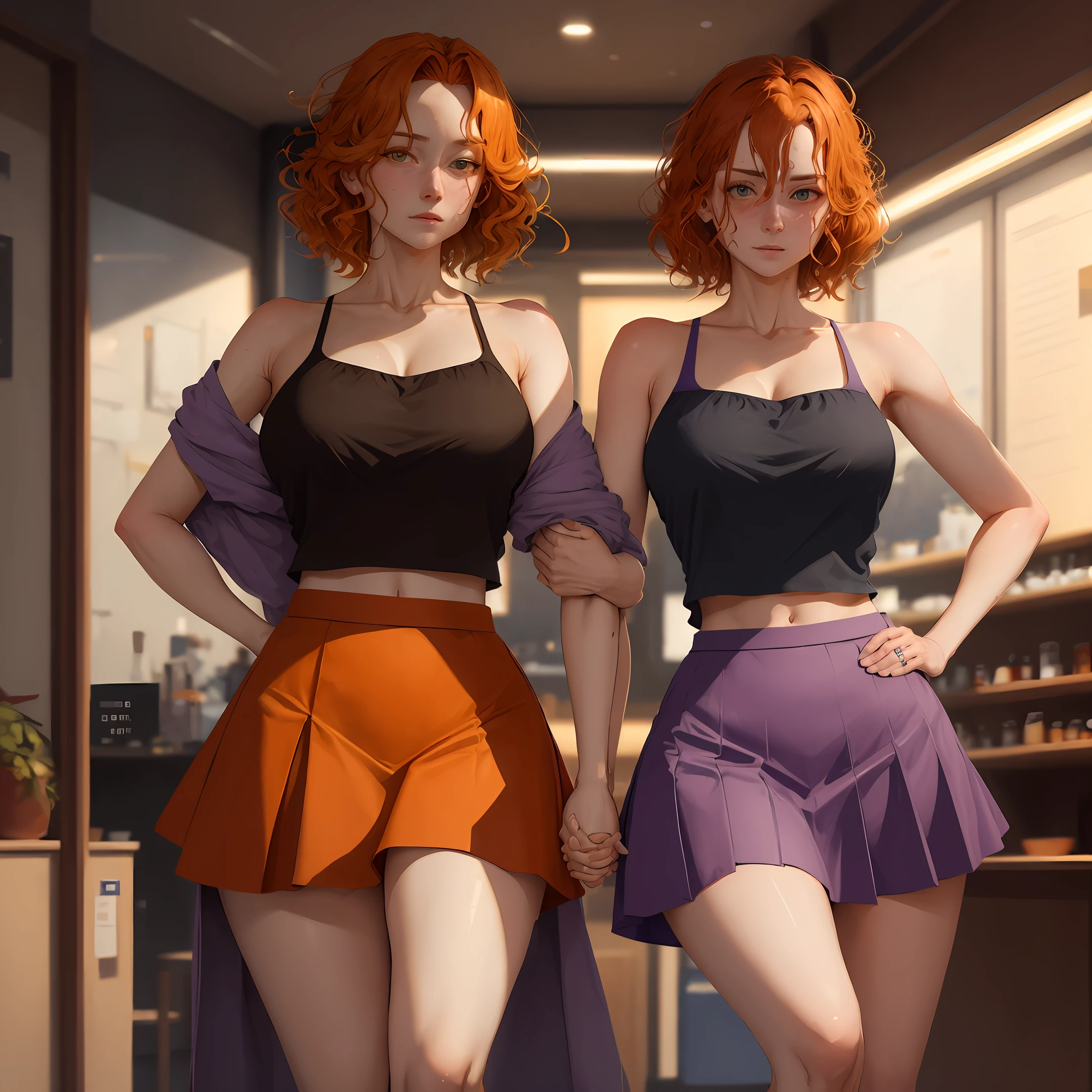 EXLorelei, orange hair, solo, purple skirt, hand holding chin, brown eyes hand on hip