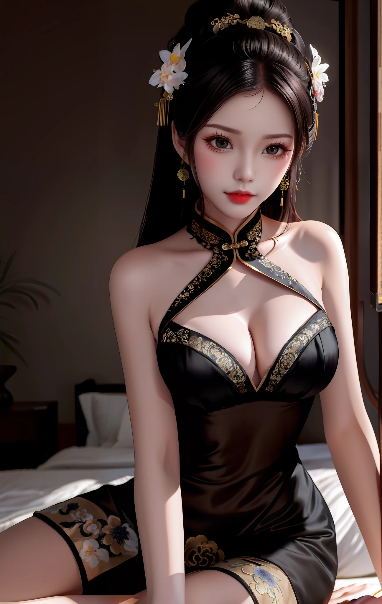 Beauthful，blacksilk，High heels，Taste，hugetits，on cheongsam