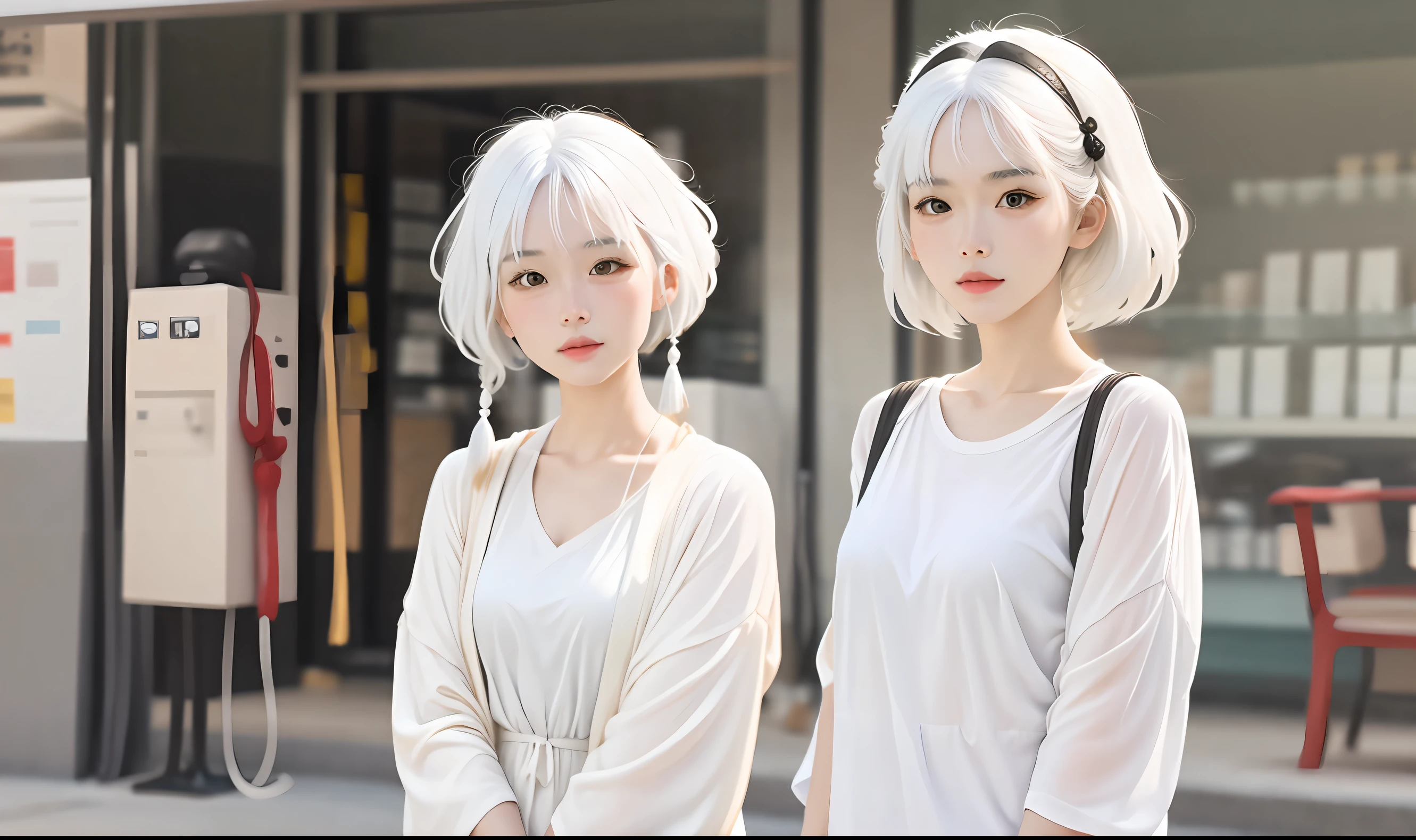 Superb masterpiece hyperrealism girly white hair white clothes blonde tassel East Asian race