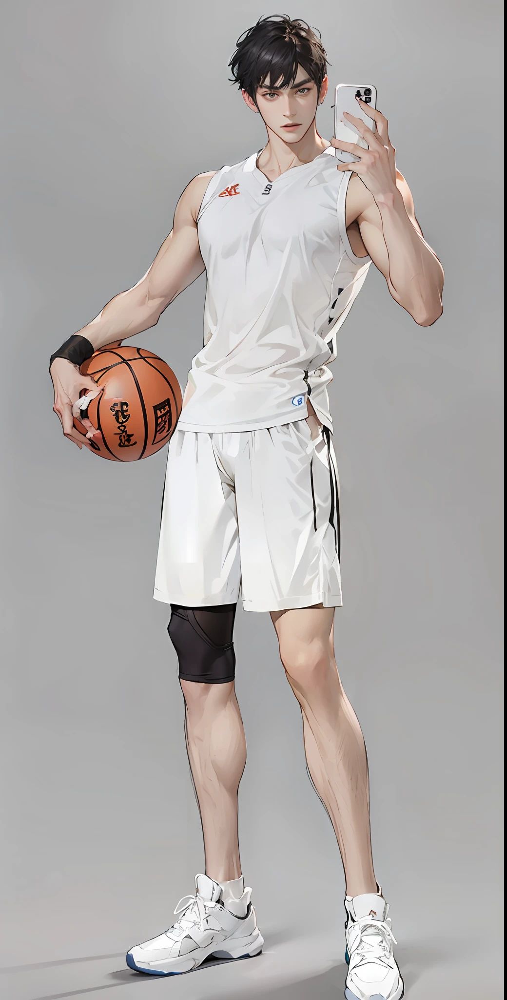 arafed male basketball player holding a basketball and taking a picture, emma watson as a tall nba player, wearing basketball jersey, cai xukun, full-body-shot, full body xianxia, air shot, white uniform, leg and hip shot, hip and leg shot, sports clothing, heise jinyao, full body in shot, full body photogenic shot,  inspired by Yanjun Cheng