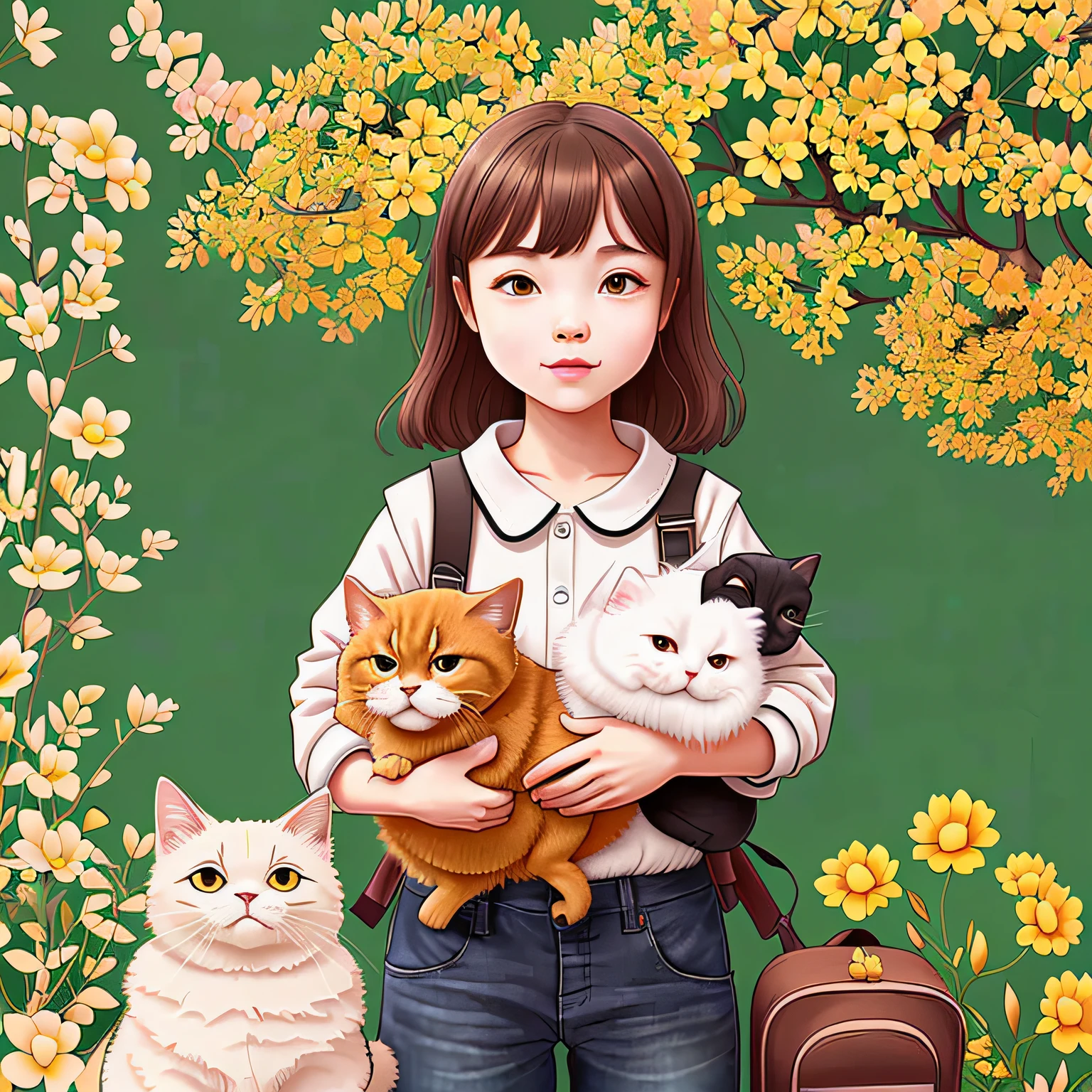 A very charming with a backpack and her cute Persian cat,Enjoy a lovely spring outing surrounded by beautiful yellow flowers and nature。The illustration is a high-definition illustration in 4K resolution,With very detailed facial features and cartoon-style visuals。 --auto