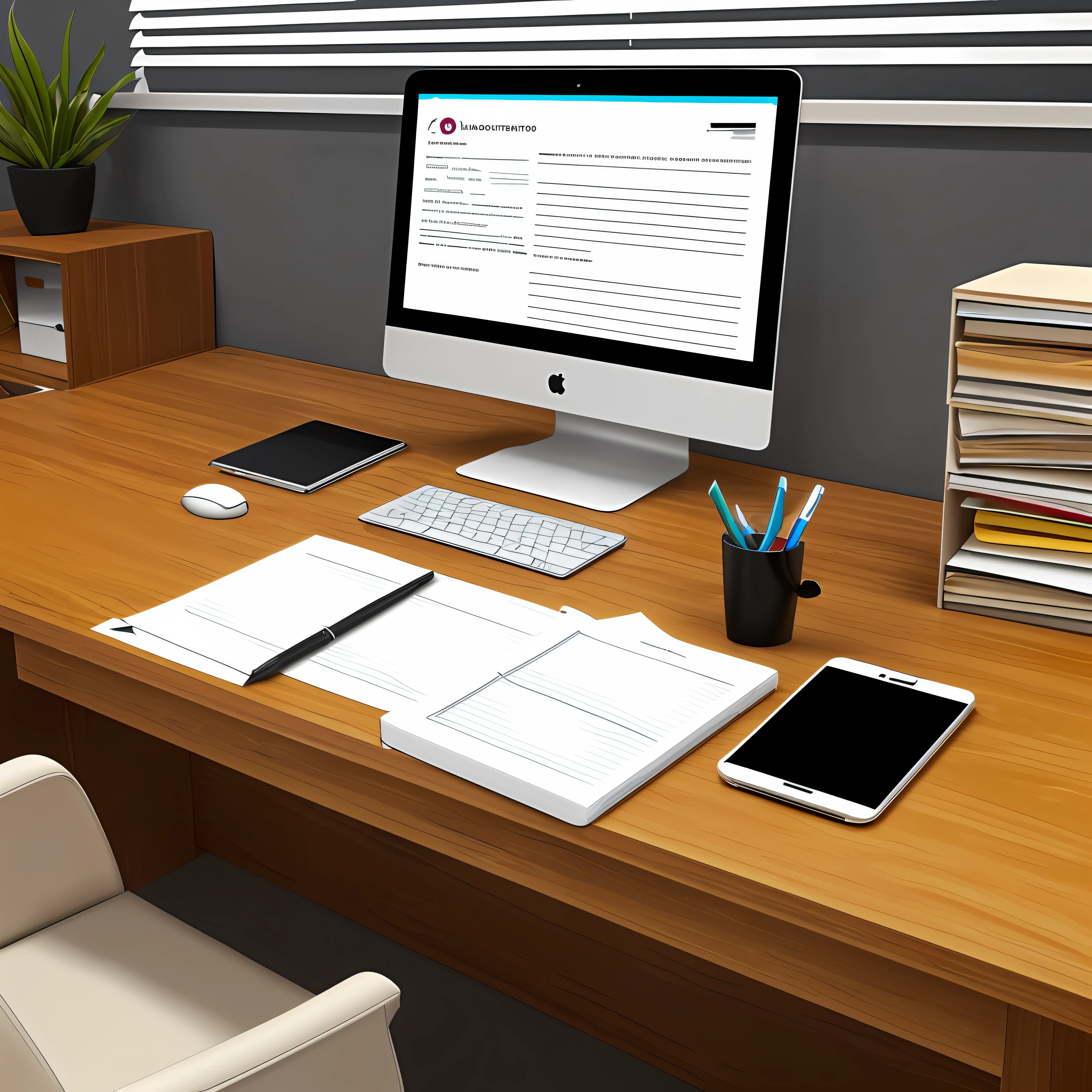 In an organized administrative office, There is a large and neat table. no centro da mesa, There's an open laptop positioned on top of an adjustable stand. A tela do laptop exibe um slide profissionalmente projetado, with carefully aligned graphics and text.

Ao lado do laptop, there's a notepad open, with blank sheets ready for additional notes related to administrative work. A smartphone is placed next to the notepad, close enough to be easily reached.

In addition to these main objects, You may notice other items typical of an administrative office on the desk. There is a black pen and a blue pen, ready to be used for notes or signatures. A table organizer is present, com compartimentos para clipes, rubber bands and other office supplies.

Ao redor da mesa, You can see an ergonomic office chair, projetada para proporcionar conforto durante longas horas de trabalho. Next to the chair, pode haver uma estante com pastas e arquivos, indicating the presence of important documents.