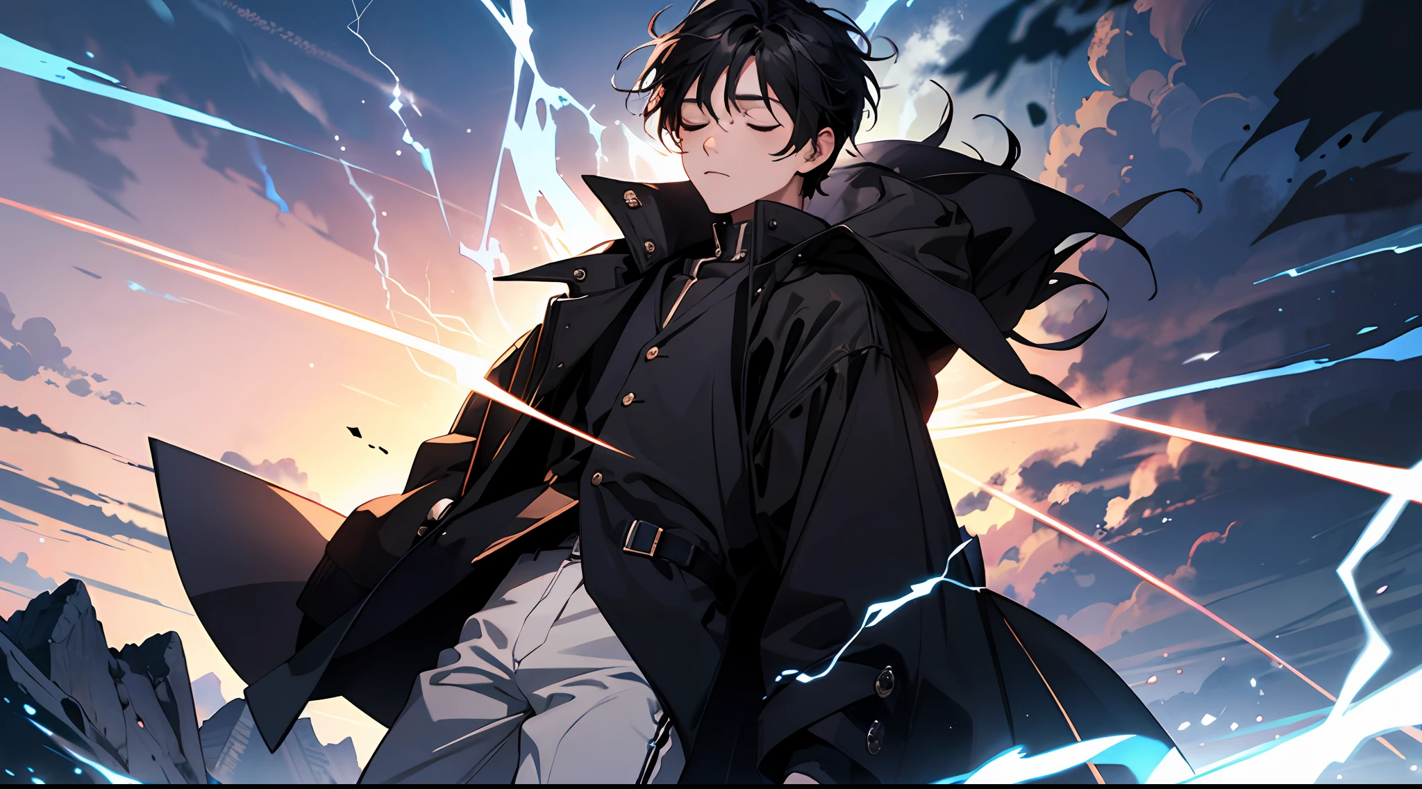 (Absurd, High Resolution), 16k, (Panorama), , Teenager, ed Eyes, Short Hair, Black Hair, Black Coat, White Underwear, Extreme Detail, Lightning, Magic, Magic Array, Exaggerated Light, Shine, Magic, Floating, Dusk