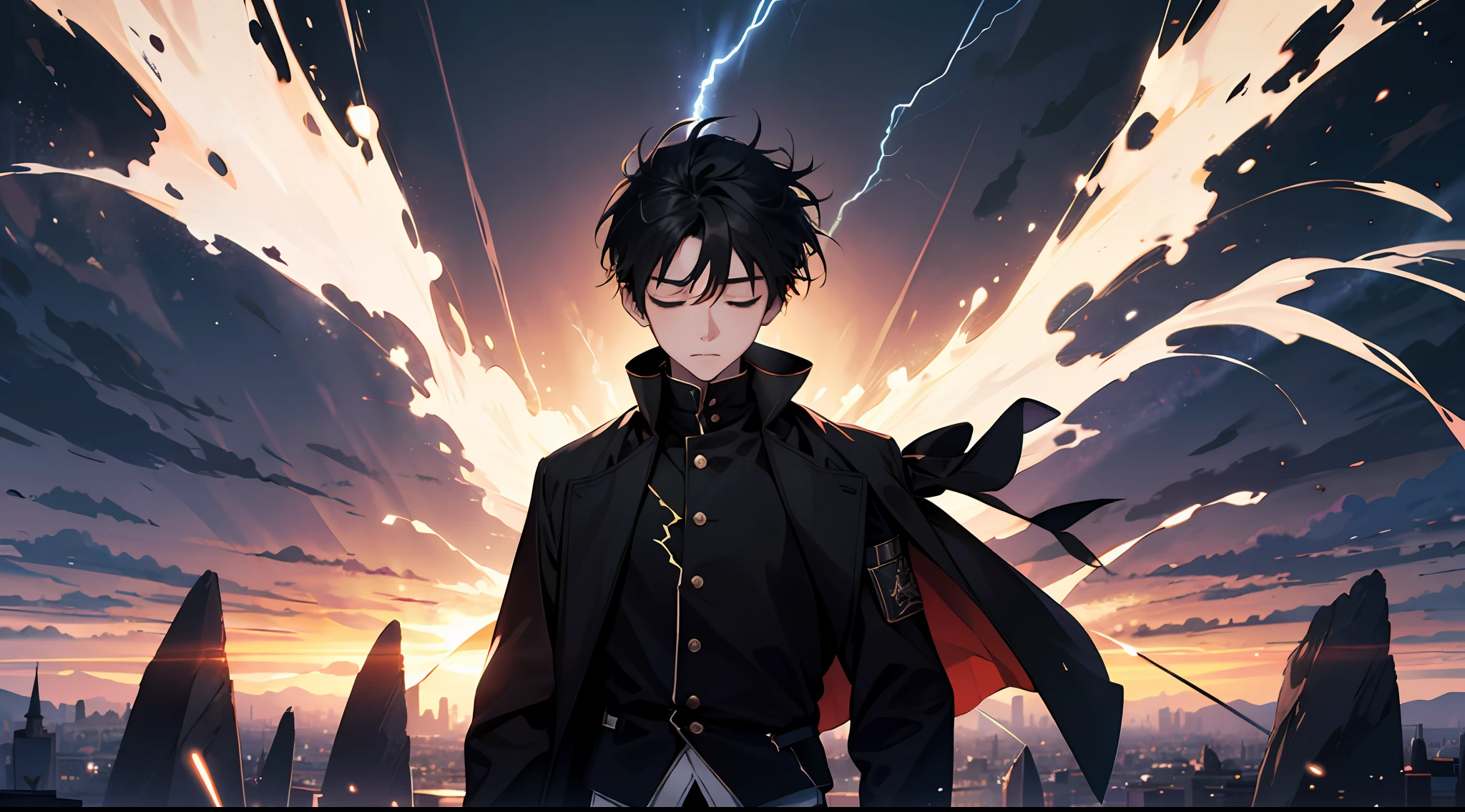 (Absurd, High Resolution), 16k, (Panorama), Little Boy, Teenager, Closed Eyes, Short Hair, Black Hair, Black Coat, White Underwear, Extreme Detail, Lightning, Magic, Magic Array, Exaggerated Light, Shine, Magic, Floating, Dusk