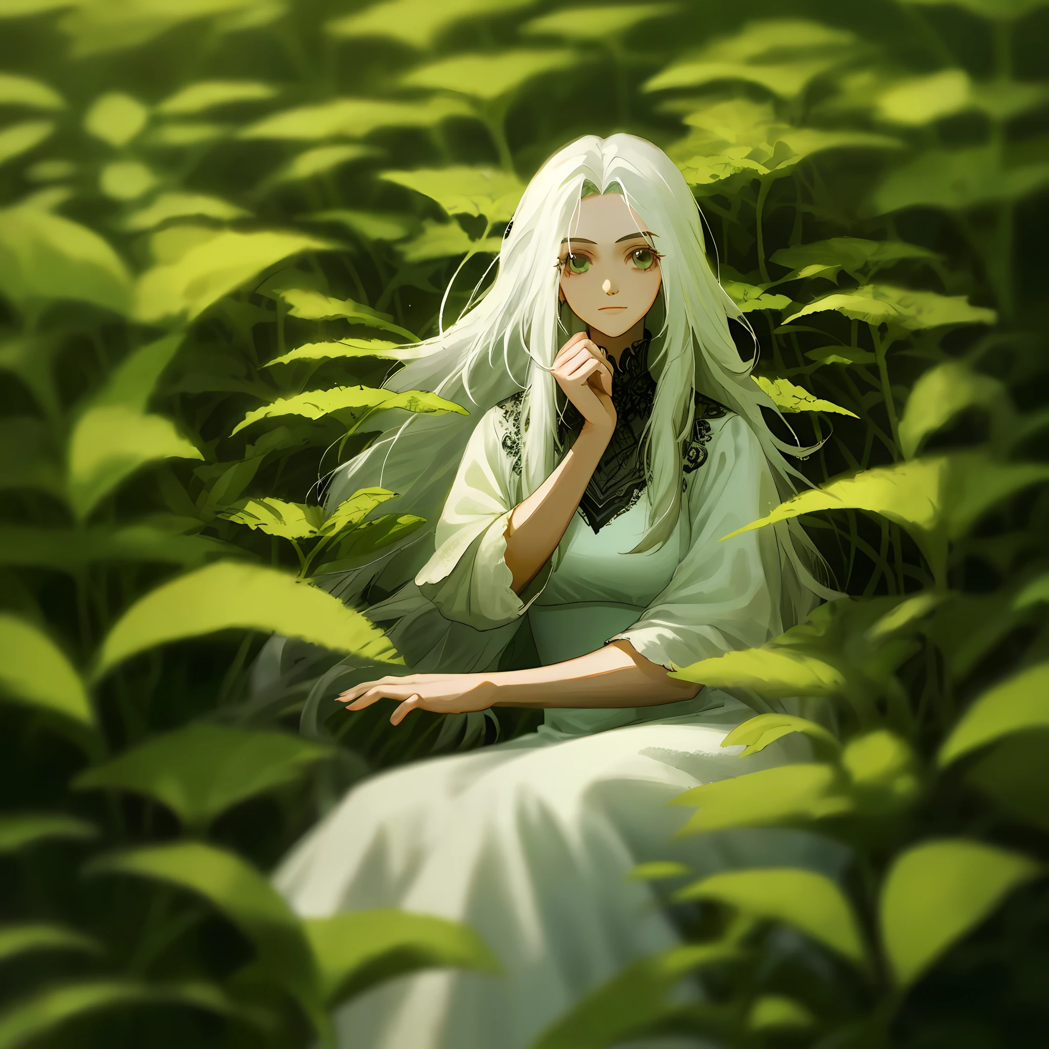 (masterpiece, best quality),1girl with long white hair sitting in a field of green plants and flowers, her hand under her chin, warm lighting, white dress, blurry foreground