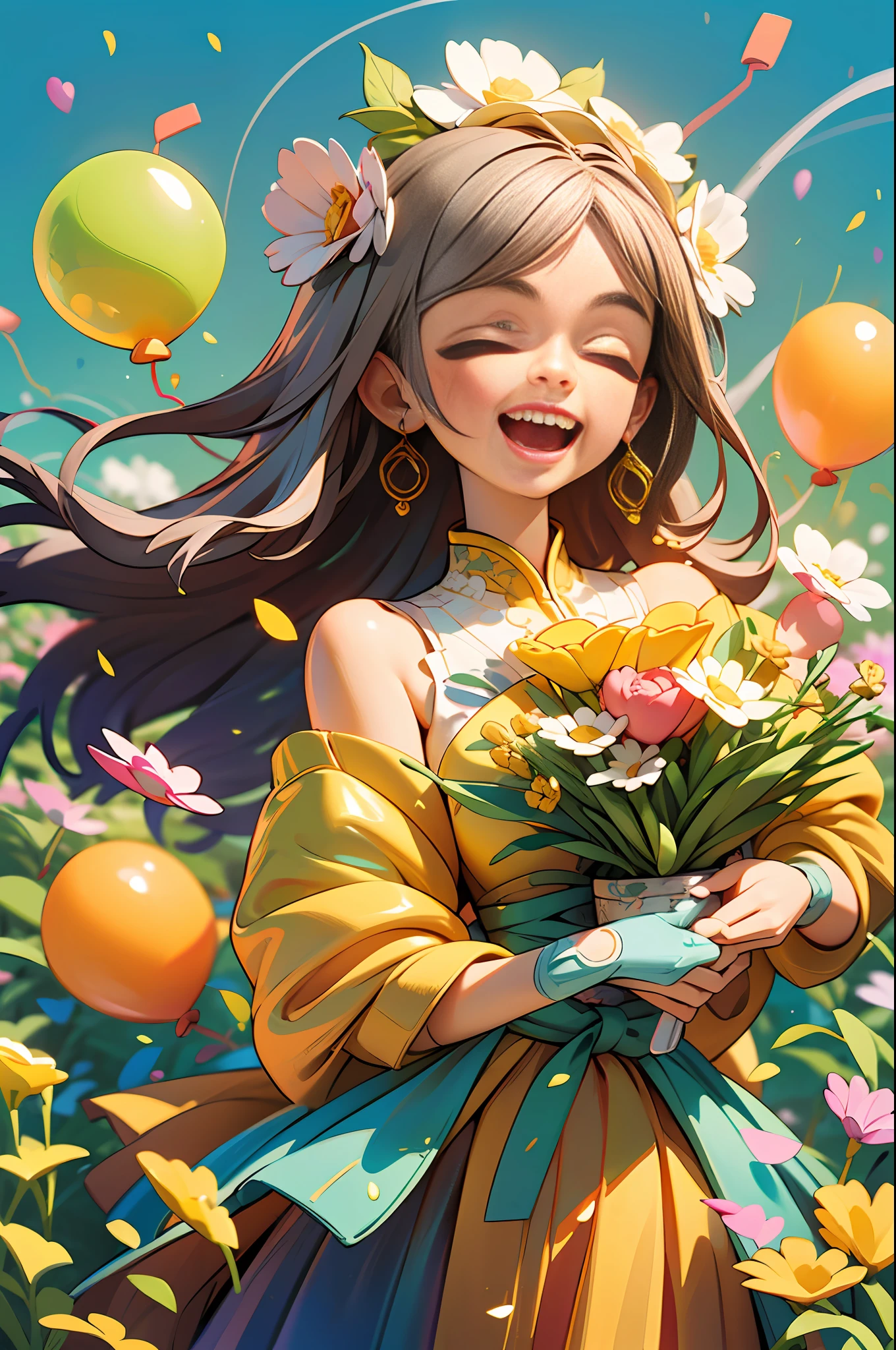 A girl holding flowers, colorful balloons floating in the sky, meadow, dancing, holding flowers, happy, happy, perfect quality, clear focus (clutter-home: 0.8), (masterpiece: 1.2) (Realistic: 1.2) (Bokeh) (Best quality) (Detailed skin: 1.3) (Intricate details) (8K) (Detail Eyes) (Sharp Focus), (Happy)