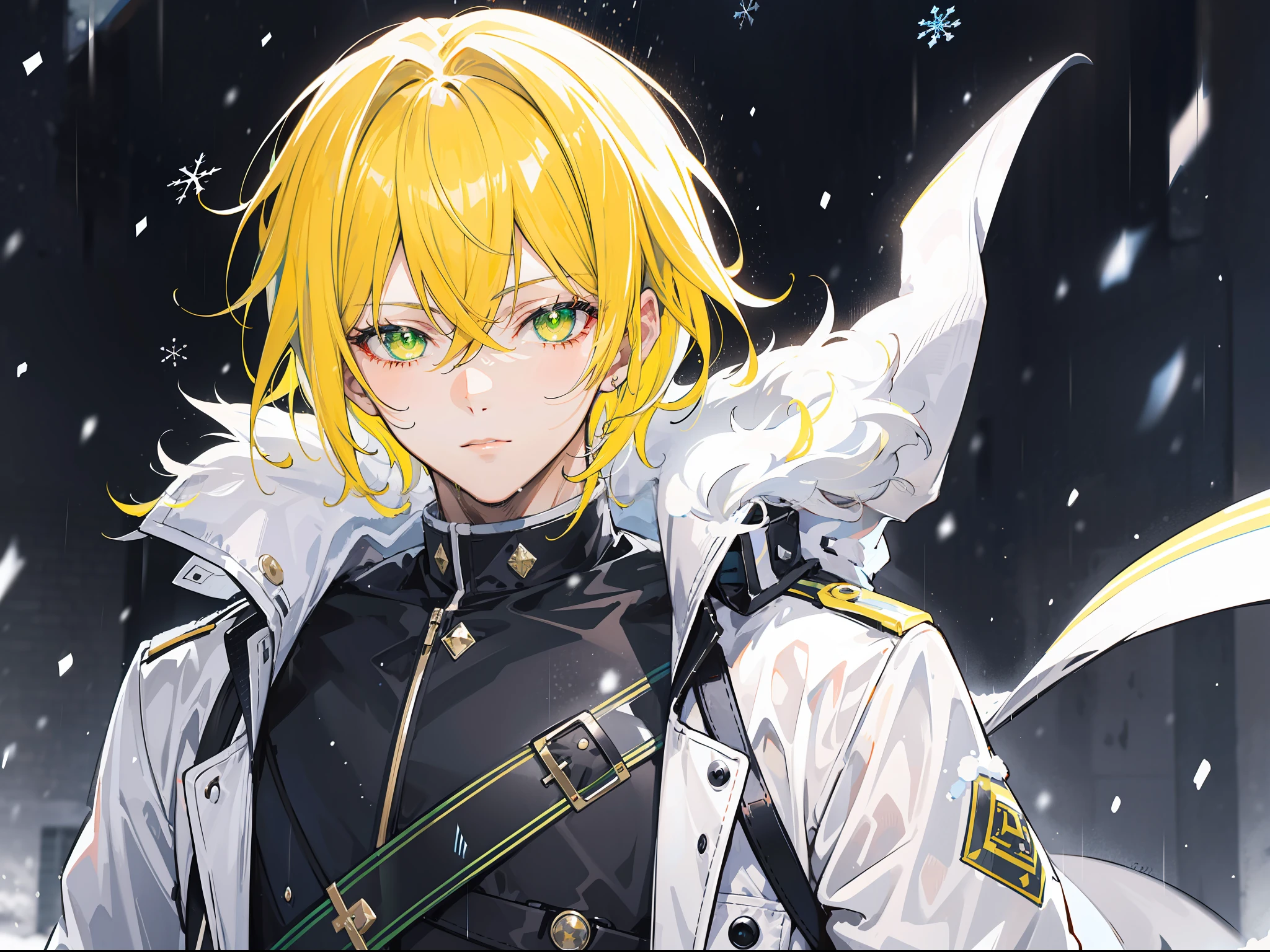 "Calm raining snow atmosphere, stunning 4k artwork featuring a confident handsome mature man with short modern style center split glowing yellow hair. His eyes glowing green. he was wearing a white snow modern coat and gloves, portrait"