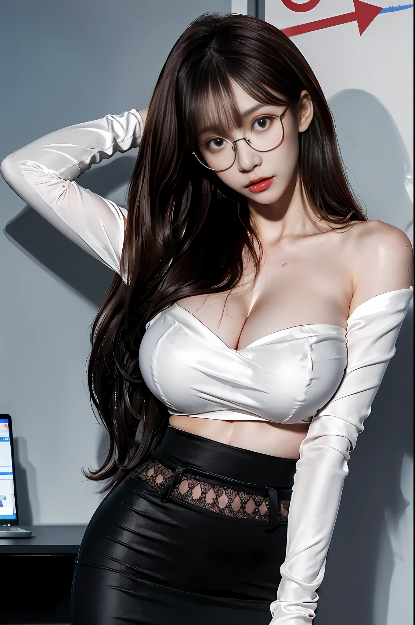 Woman in an office building, (masterpiece:1.5, best quality:1.5), realistic, (hyper realistic:1.5), (photo realistic:1.5), (real picture, intricate details), looking at viewer, (8k wallpaper:1.5) (from knee to head:1.15), (detailed face:1.5), (detailed eyes:1.5), (sharp photo),highly detailed, ultra-detailed, ultra high res, Cinematic Light, Lens Flare, high quality shadows, Ray tracing, sharp focus, (1girl, __focus__:1.3), (intricate details, PureErosFace_V1:1.5), (((huge breasts))), ((scared expression)), (nsfw:1.5), (straight bangs), athletic build, toned arms,  Asian, Korean model, sweaty body, dripping wet, blushing cheeks,
Style - realistic, hyper-realistic 
Location - modern office building 
Background - cubicles with several well dressed Korean businessmen working
Subject - sexy Asian woman with ((long chestnut brown hair)) and swept bangs, Outfit - (white silk dress blouse with loose sleeves), (tight black pencil skirt)), (black thick-rimmed oversized glasses),