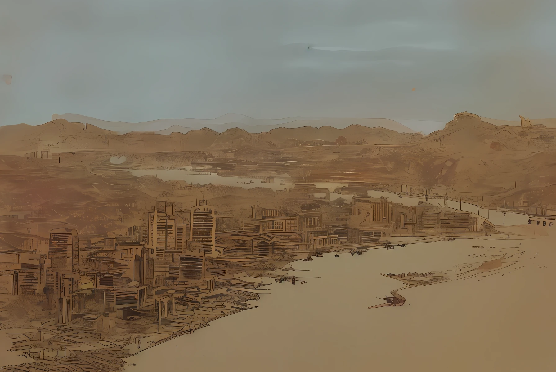 Golden sky，Dusk，Dilapidated，A city flooded by water