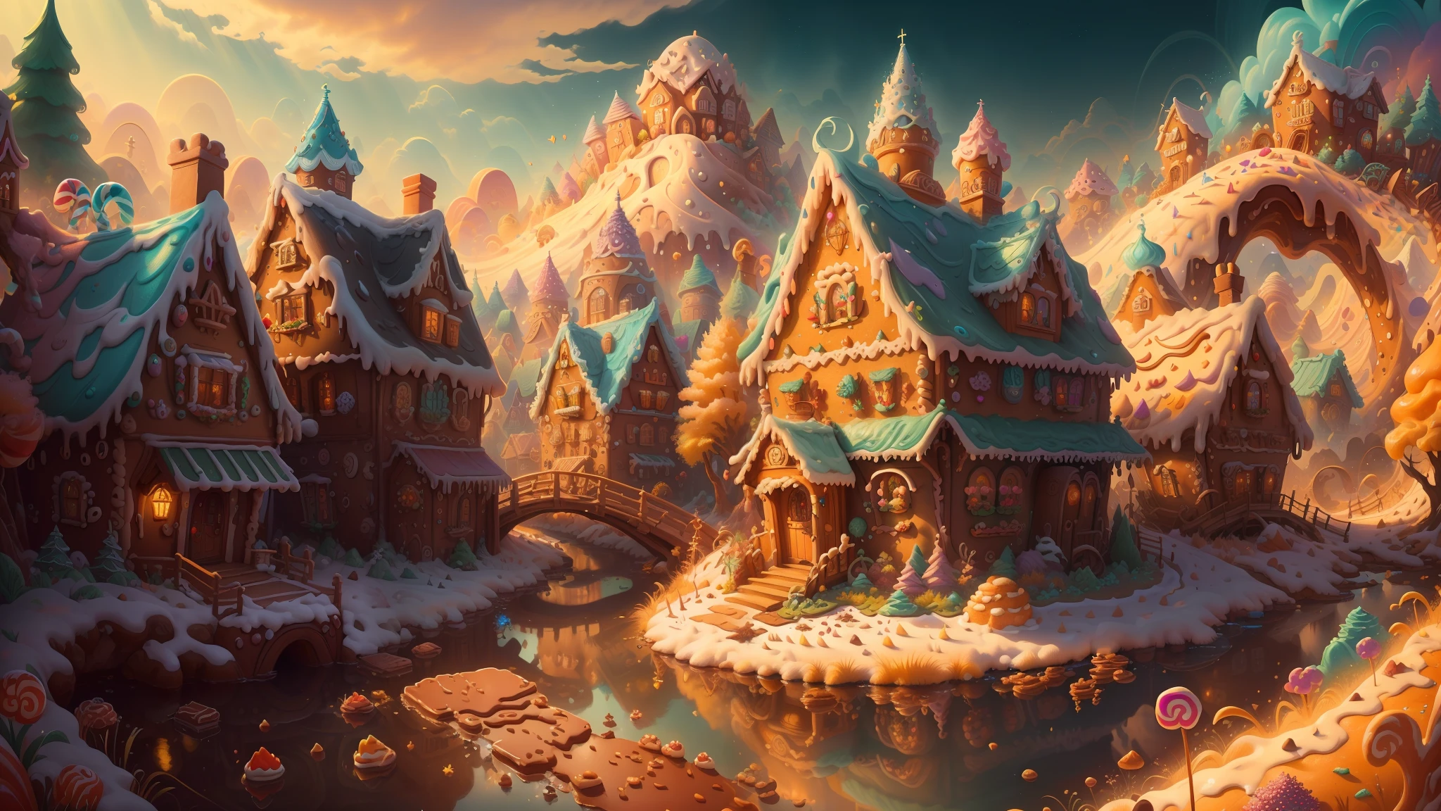 (Masterpiece, best quality:1.3), candy trees, highly detailed, fantasy, GingerbreadAI houses, hyperrealistic, [photoreal:0.3], , 8k, candyland city, honey ground, candyland, city, dynamic, no humans, chocolate river, chocolate, solo, faux traditional media, illustration, (honey river, honey, river), center frills, heels, (shiny), (details), perfect, beautiful, dreamy, heart, colorful, vivid, cinematic, pinup:0.2, ultra-detailed, full background, [hyperrealistic:0.2], fantasy, (depth of field), rainbow, syrup, cookie, macaron, chocolate bar, glitter, scenery, drizzle, beautiful, (shiny:1.2), various colors, [tilt shift], ((extremely detailed)), (gradients), dripping, (glaze), bloom:0.2, shadow, ((food focus)), sharp focus, beads