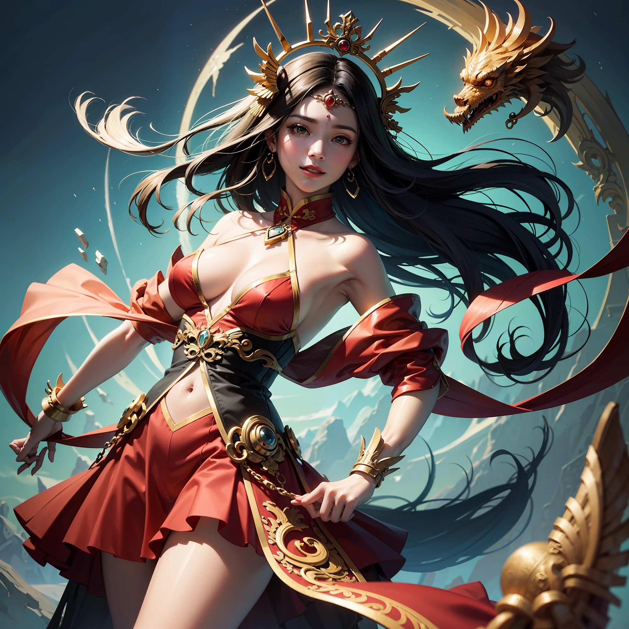 Official Art, Unified 8K Wallpapers, Ultra Detailed, Beautiful and Aesthetic, Masterpiece, Best Quality, (Zentangle, Tangle, Entangle), (fractal art: 1.4), 1girl, black hair, Chinese, bare shoulders, short skirt, calf, navel, very detailed, dynamic angle, cowboyshot, (most beautiful form chaos), flowing, (bright colors), oc, (half: 1.2), china, (thangka flying sky: 1.5), (ribbon: 1.3), (dream: 1.5), (hanfu: 1.5), Chinese dragon, Chinese phoenix, (smile: 0.5), (Chinese deity), --auto