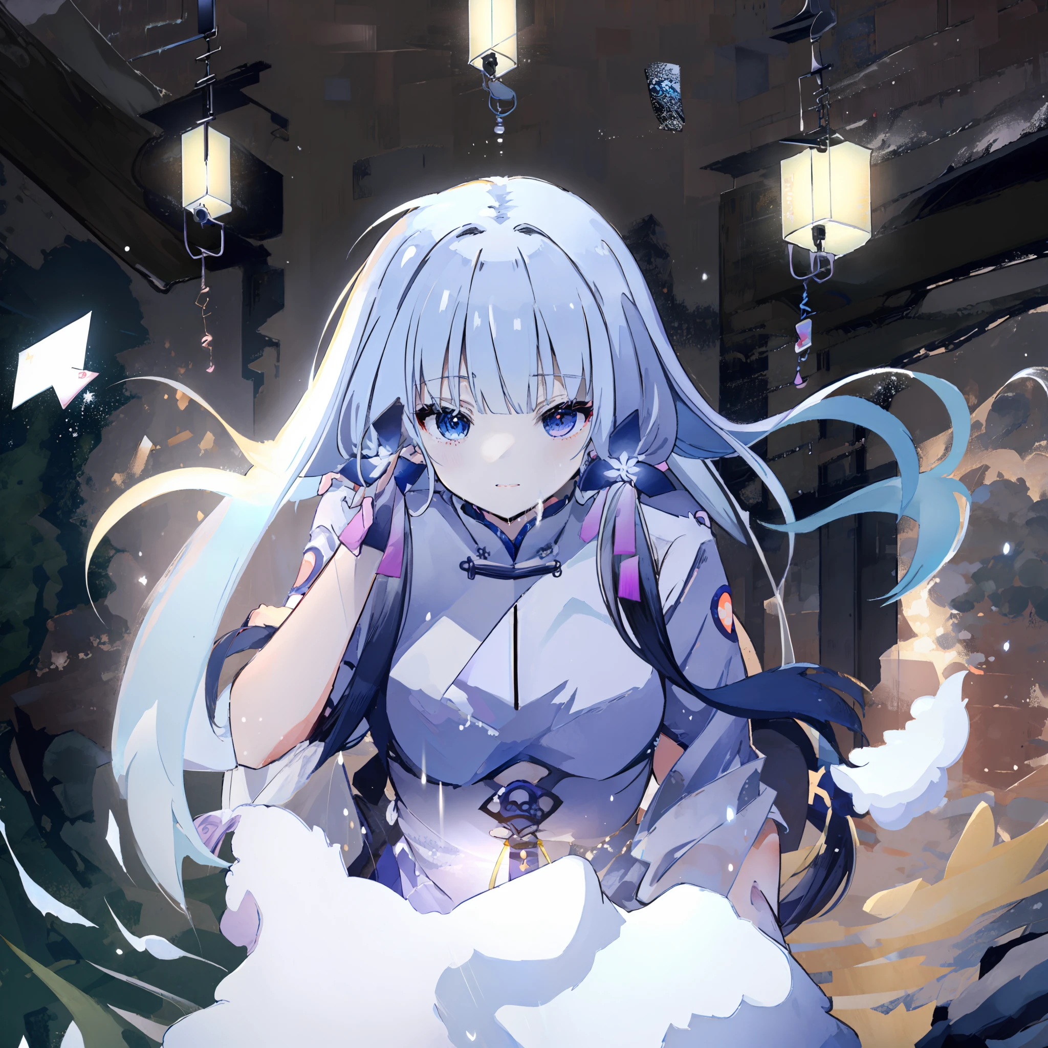 Anime wind and rain snow night picture：8K quality，Kirin Horn，Blue-haired black silk beauty，Lilies with umbrellas，Cheongsam fringed auspicious clouds+Black bandeau bell；Dull hair characteristics are outstanding，Dark Night White Snow or Dream Space，Card ventilation，Genshin element symbol。