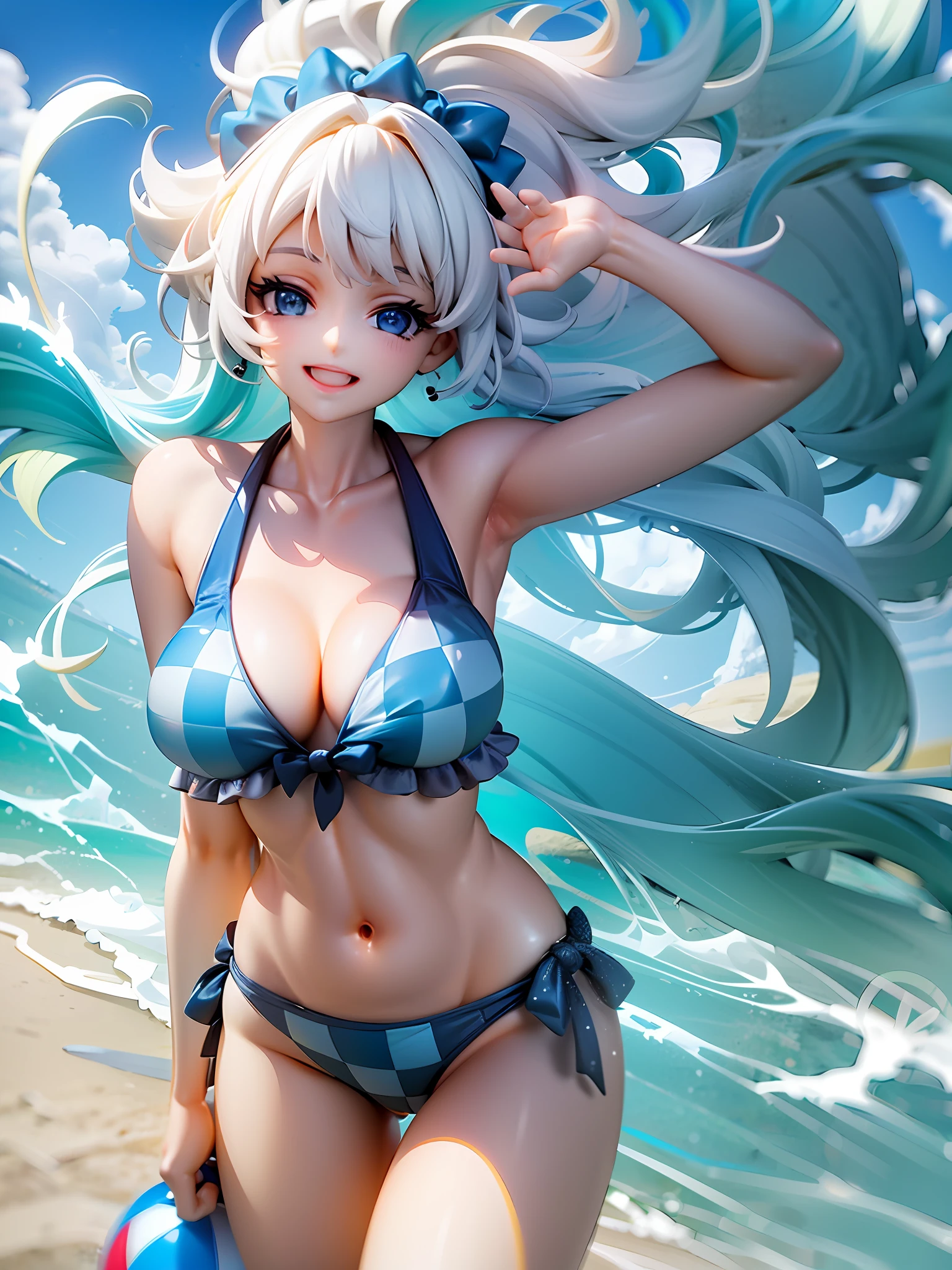 summer beach theme, blue and white, cheerful and energetic character, Smiling, outfit with checkered bikini and white pareo, vibrant white beach wave hair, long hair length, Blue eyes, hilarious pose, summer beach background with blue sky and sea,