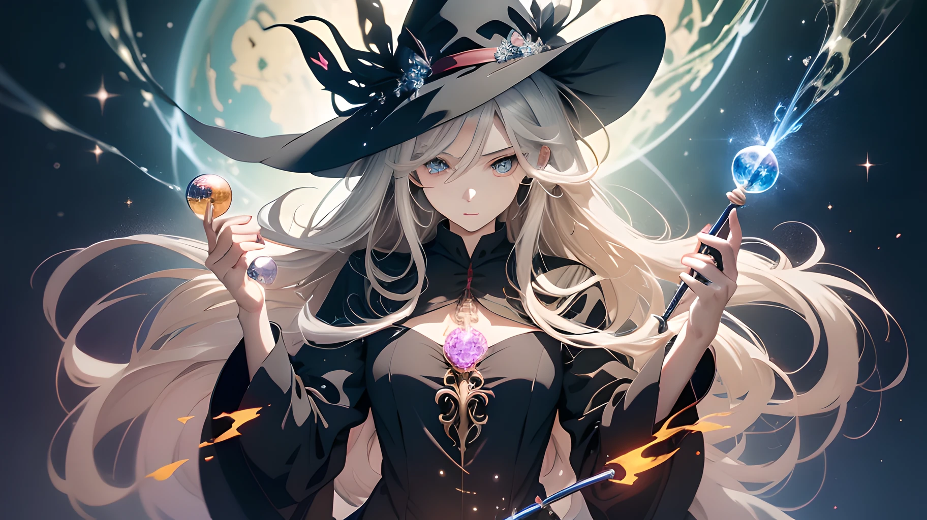 An anime poster featuring a dark magical girl, ((front view face)), ((young and insane beautiful)), white medium-long hair, curly hair hanging down, upper body witch robes, delicate witch hat, crystal jewelry and necklace decoration, lean figure, ((female traits)), ((delicate crystal ball staff in left hand)), magical spell ball flame glowing in right hand, large number of blue soul surrounding, ((flowing special effects)), art, manga style art, light red and light black, action painting, ((highly detailed))