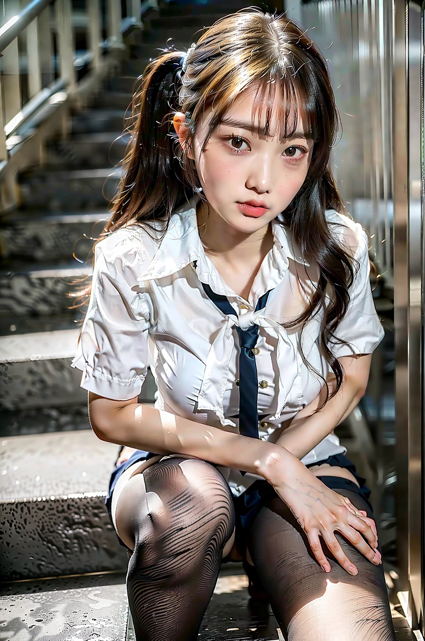 Best quality at best , High accuracy , Perfect Lighting , RAW phenomenon , Beautiful skin , 1 Japan Beautiful schoolgirl、Shinei High School Uniform（White blouse、Check skirt）、Obscene big breasts、Obscene legs、Pants visible from between the crotches、Raw feet、detailed face with、Going down the stairs