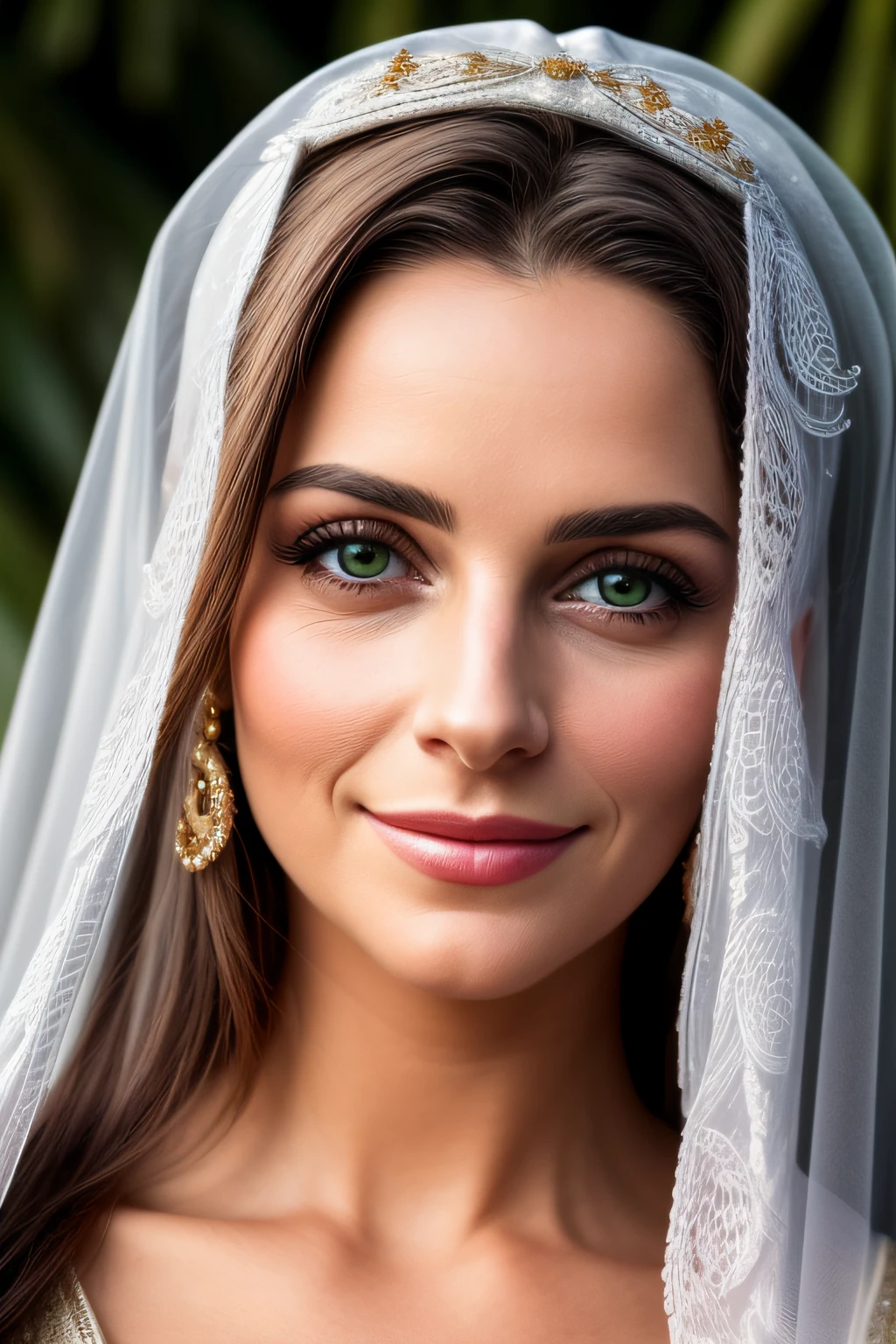 Create a close-up image of a woman with a soft smile and serene expression on her face. She wears a delicate veil that covers her head and has an aura of peace around her. This character may be the Queen of Sheba, conhecida pela sua sabedoria e beleza.