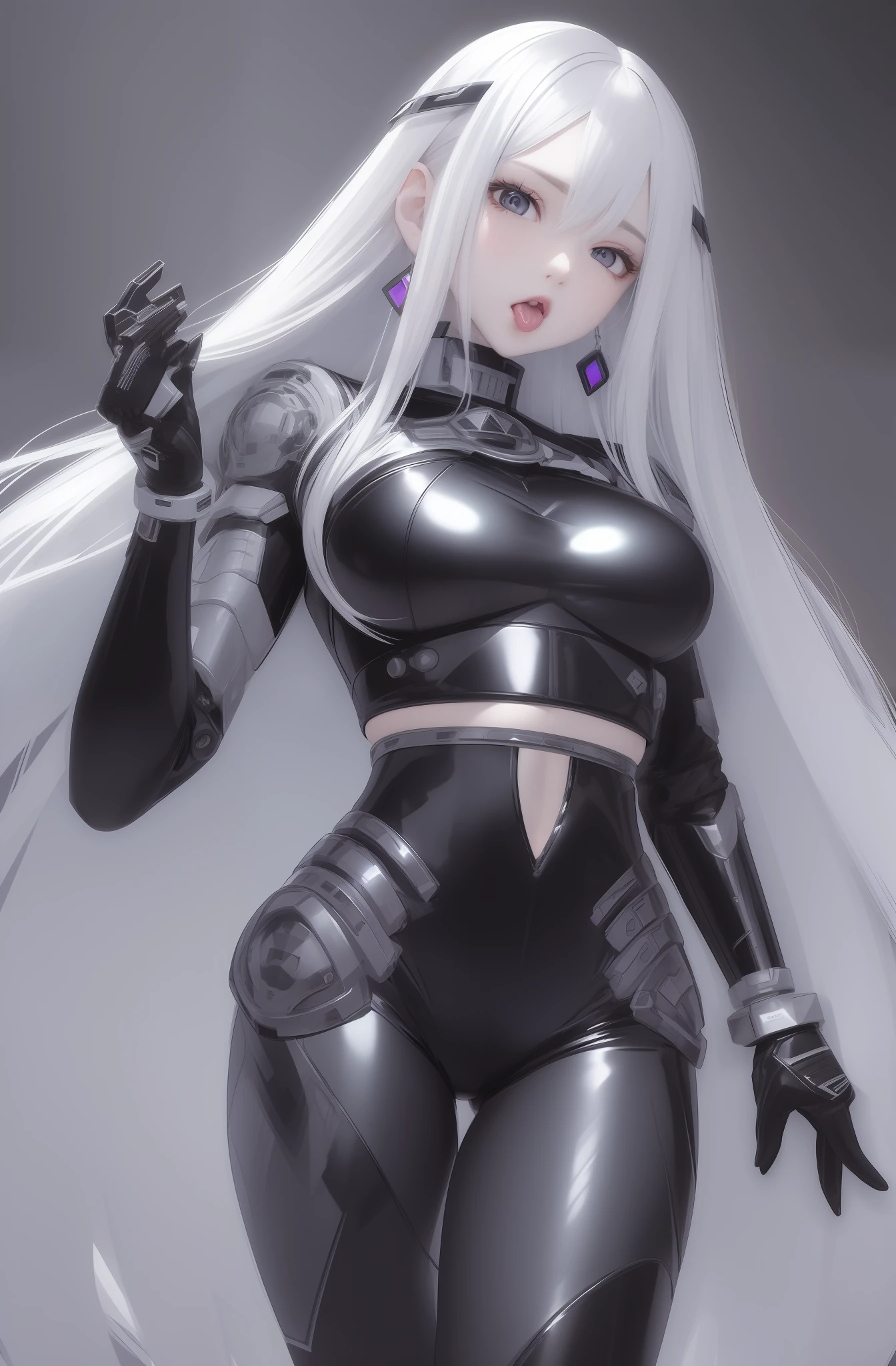 Big breasts female，de pele branca，White hair，The background is a mecha，oral sexy，Full body photo，Bunny girl dressed up，Weapon in hand