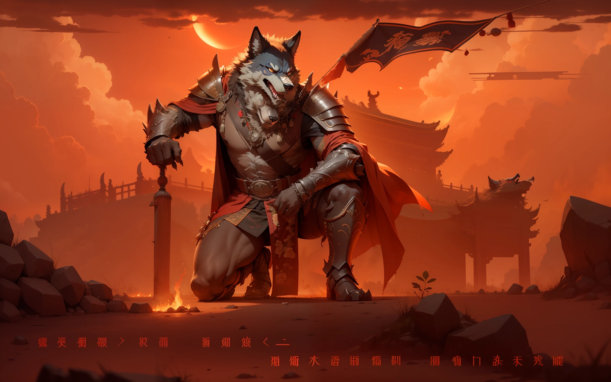 Red werewolves wear ancient Chinese general armor，the setting sun，half-squatting，solo person，flame of war，high qulity，tmasterpiece，werecreature，strong，Blue pupil，Red cape