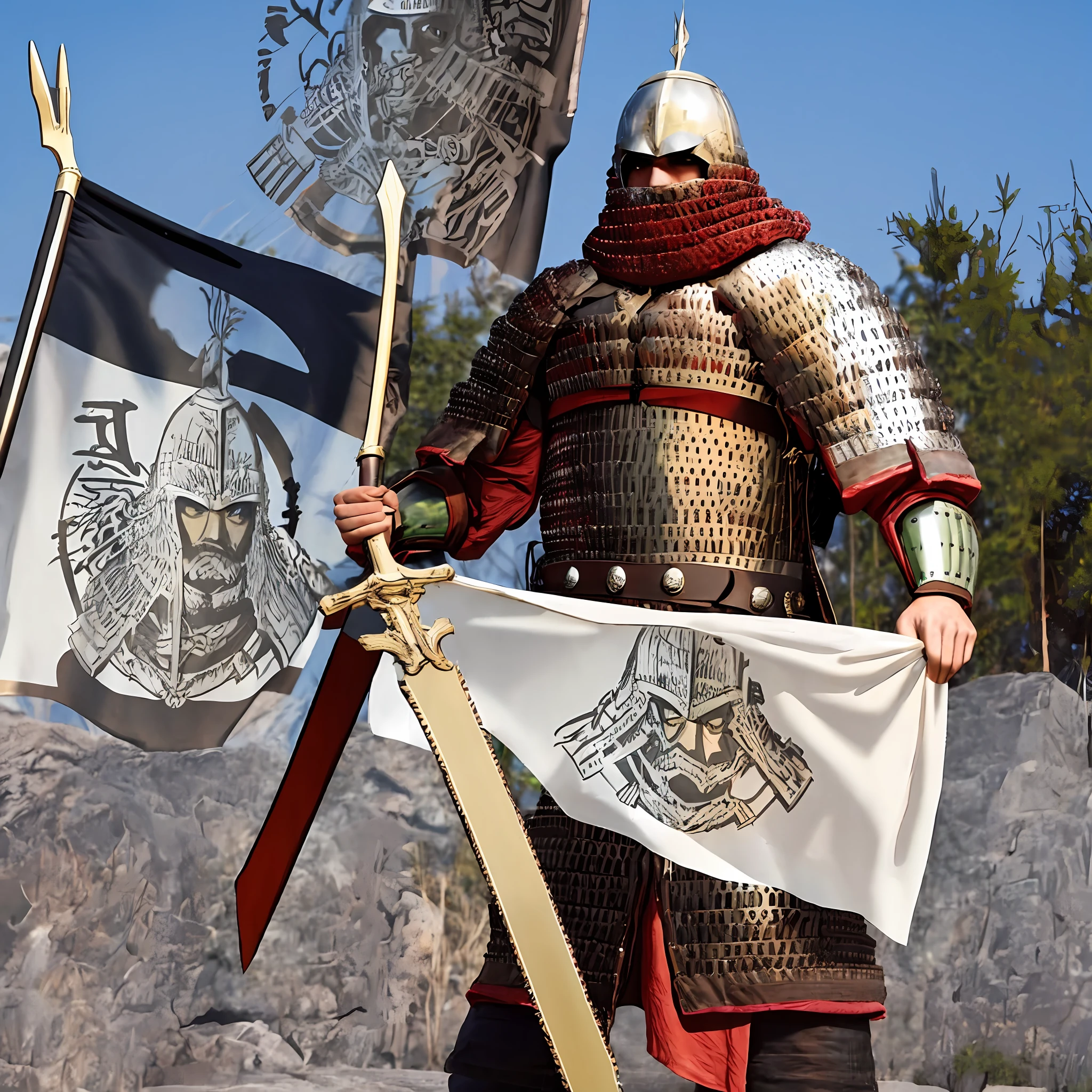 One man stood on board wearing green armor, a red helmet, a sword and a banner that read Wu