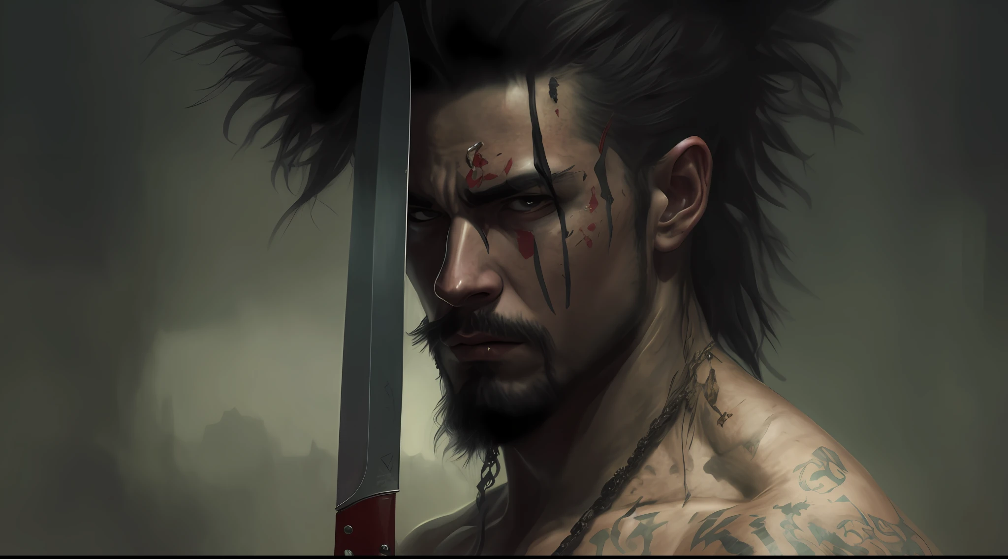 there is a man with a knife in his hand, Retrato de um guerreiro, Retrato de um guerreiro masculino, fantasy genre portrait, retrato de arte conceito de fantasia, retrato do personagem da fantasia, retrato detalhado do caractere, retrato da arte do personagem, Retrato de um samurai cyberpunk, epic portrait of menacing, epic fantasy art portrait, epic fantasy character art, retrato masculino da fantasia, arte conceitual realista do personagem