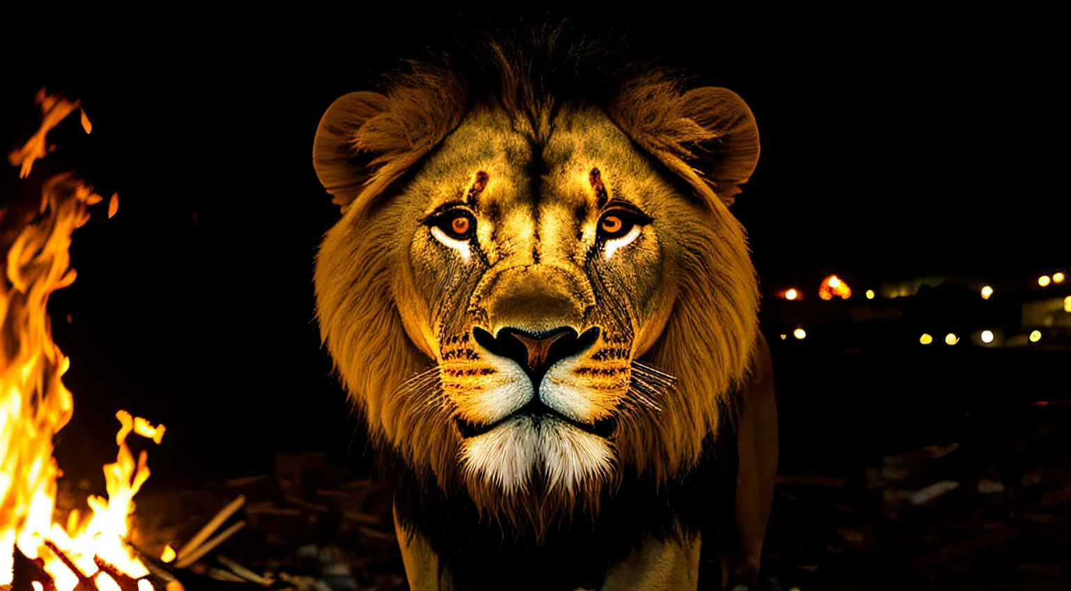 A close-up of a lion's face, illuminated by the light of a bonfire, with a backdrop of a dirty river and a shanty town.