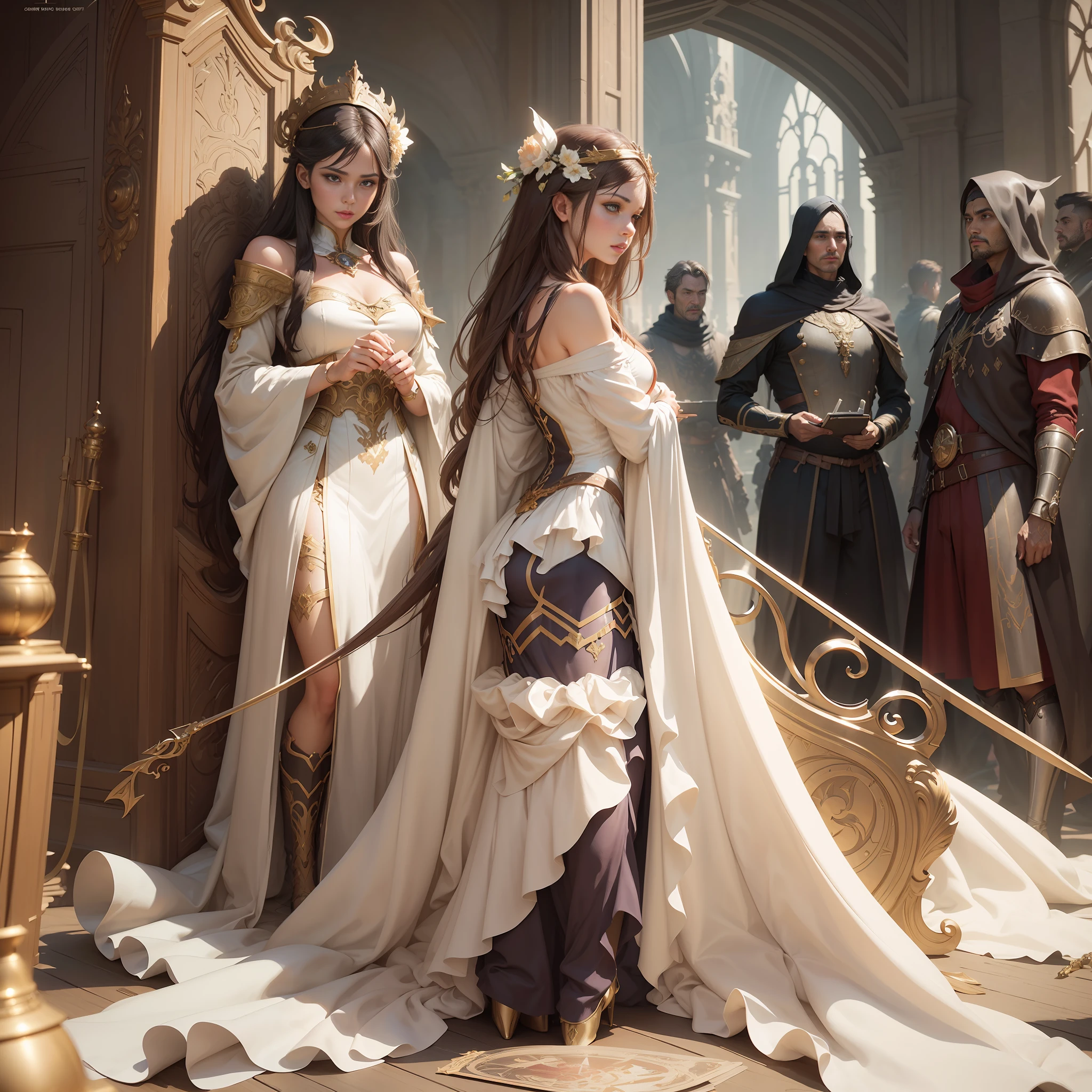 a woman in rich clothes is sailing on a ship with armed servants, fantasy on the theme of the Middle Ages, drawing, wide angle, super highly detailed, professional digital painting, artstation, concept art, smooth, sharp focus, no blur, no dof, extreme illustration, Unreal Engine 5, PhotorealismFF, HD quality, 8k resolution, cinema 4d, 3D, beautiful, cinematic, art by artgerm and greg rutkowski and alphonse mucha and loish and WLOP,