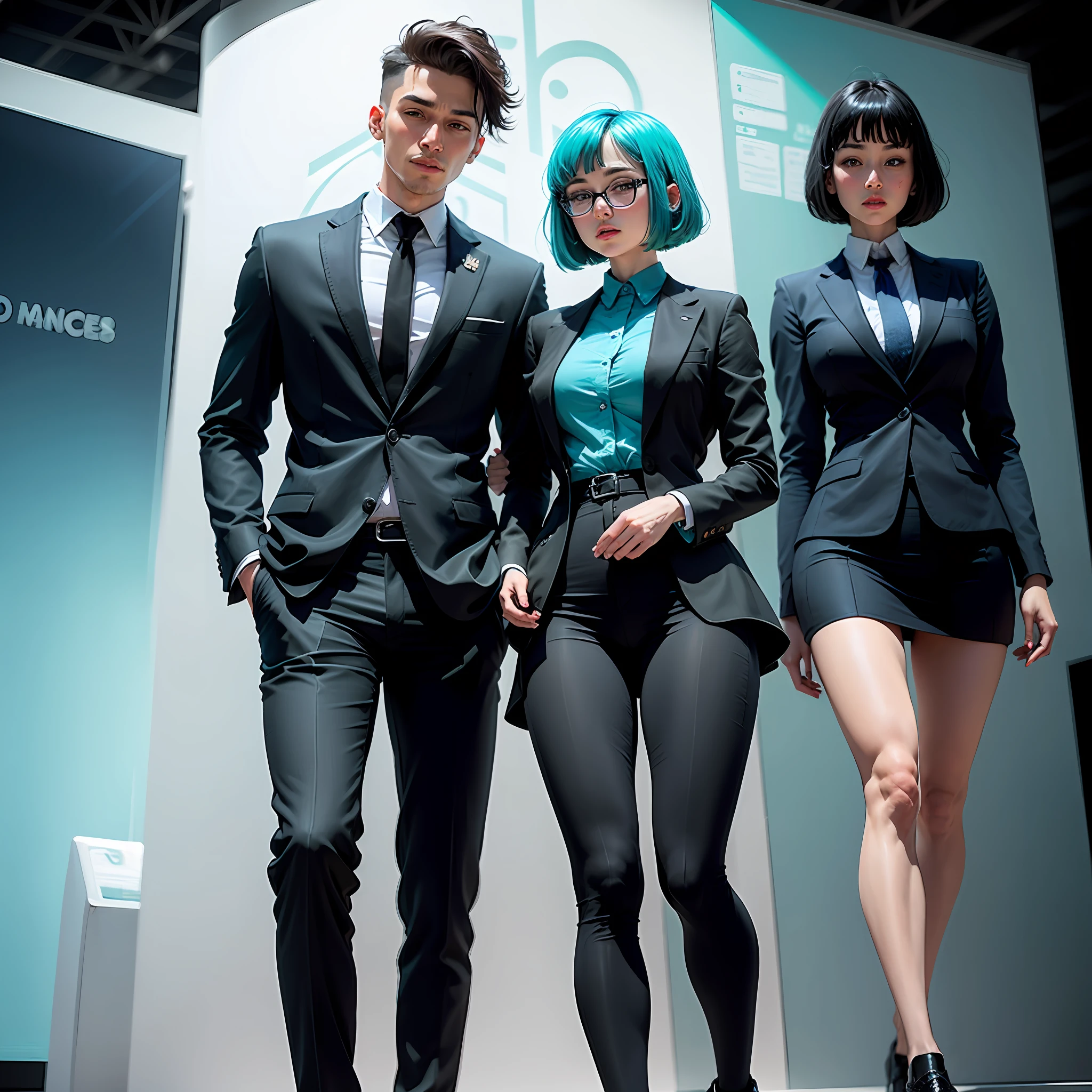 Turquoise hair，de pele branca，In black suit，Black suit pants，Green eyes，tmasterpiece，schoolgirls，bob-cut hair --auto