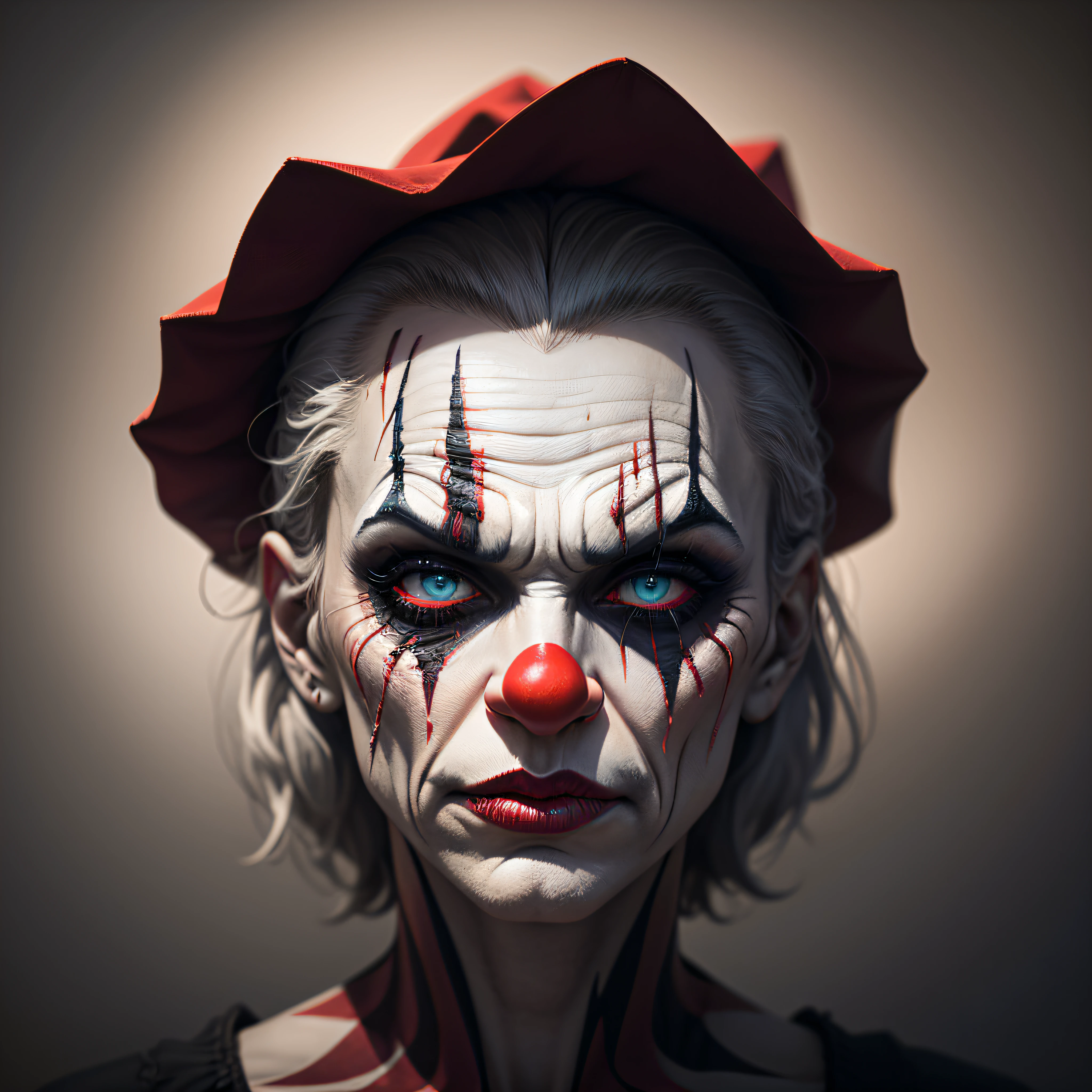 Ghastly Makeup A close-up image showcasing the eerie and distorted makeup of an evil clown, with exaggerated features, deep shadows, and smudged colors that add to their menacing appearance, Ultra realism, color field printing, high detail, UHD, 8k, anatomically correct, cinematic lighting 4d quality --auto