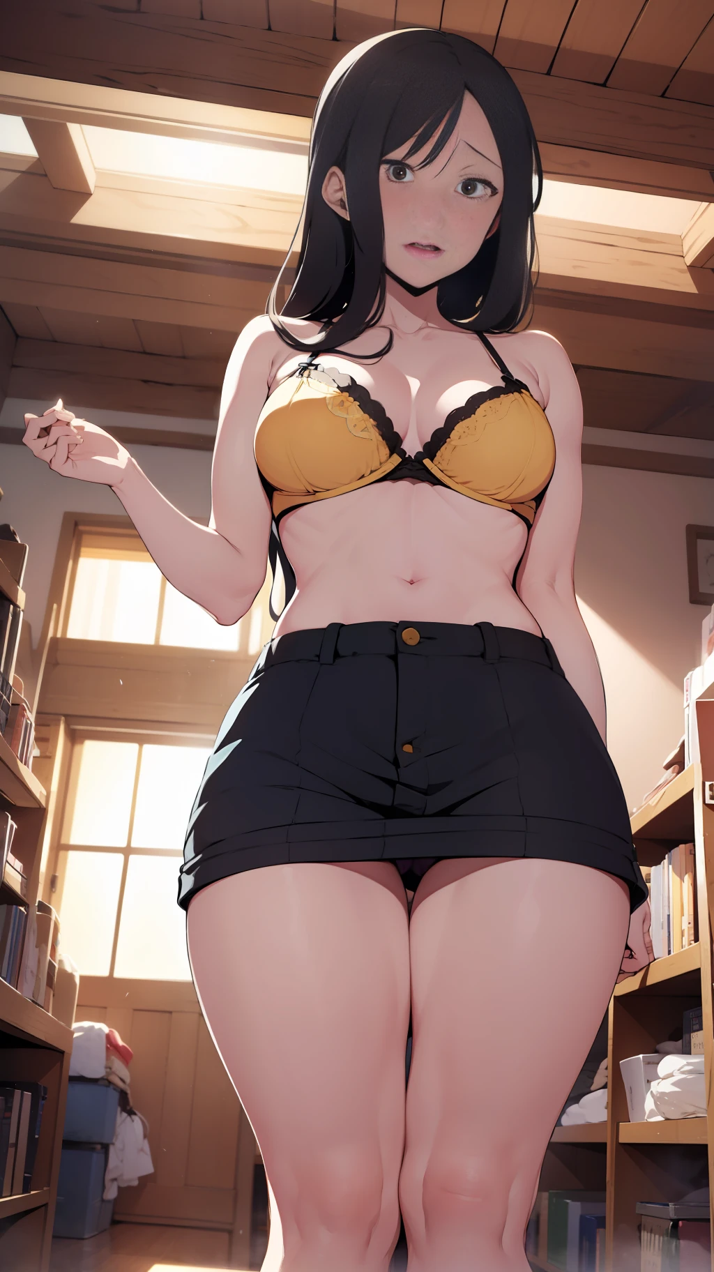 one woman, standing,from below, tall of a person,yellow bra,yellow panty,thin,gleaming skin,beautiful face,sharp eyes,brown eyes,flushed cheeks,cool,angry,long hair,pony tale, black hair,slender face,indoor,illustration style,anime style,masterpiece, extremely fine and beautiful,illustration,adult woman