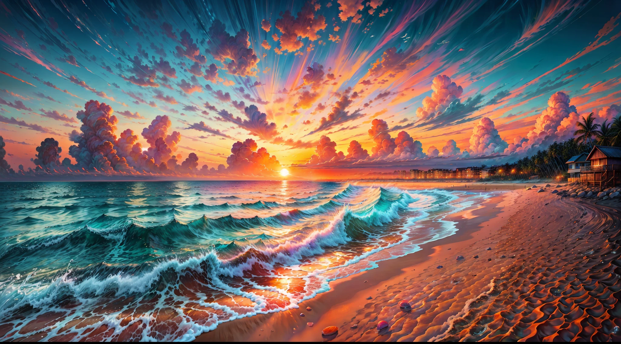 (Sunrise), An absolutely mesmerizing sunset over the beach, with a blend of oranges, pinks, and yellows filling the sky. Crystal-clear waters of the sea gently kissing the shore, with sandy white beach stretching far and wide. The scene is dynamic and breathtaking. Take in the calming atmosphere and let the peacefulness wash over you.