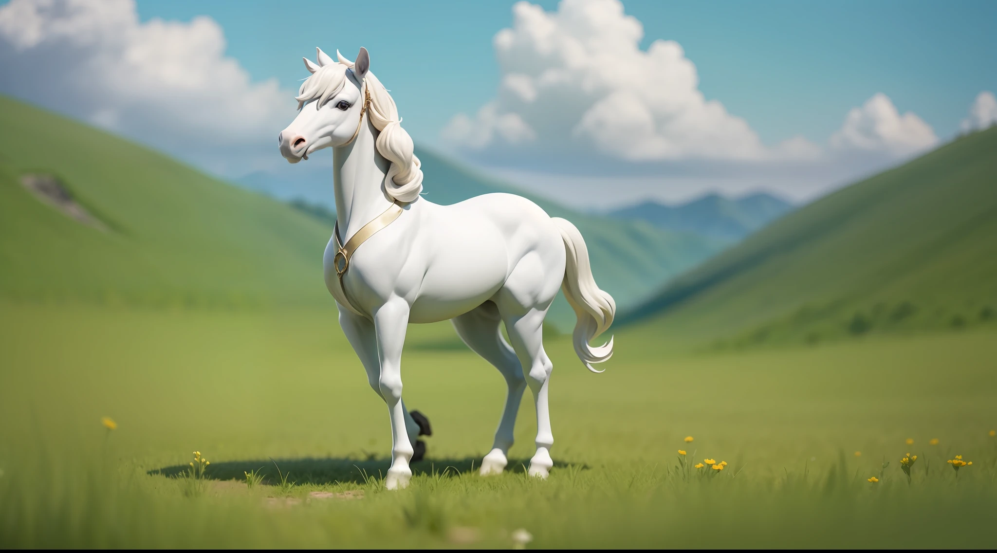 A white horse on the steppe,chibi,full body,No Man