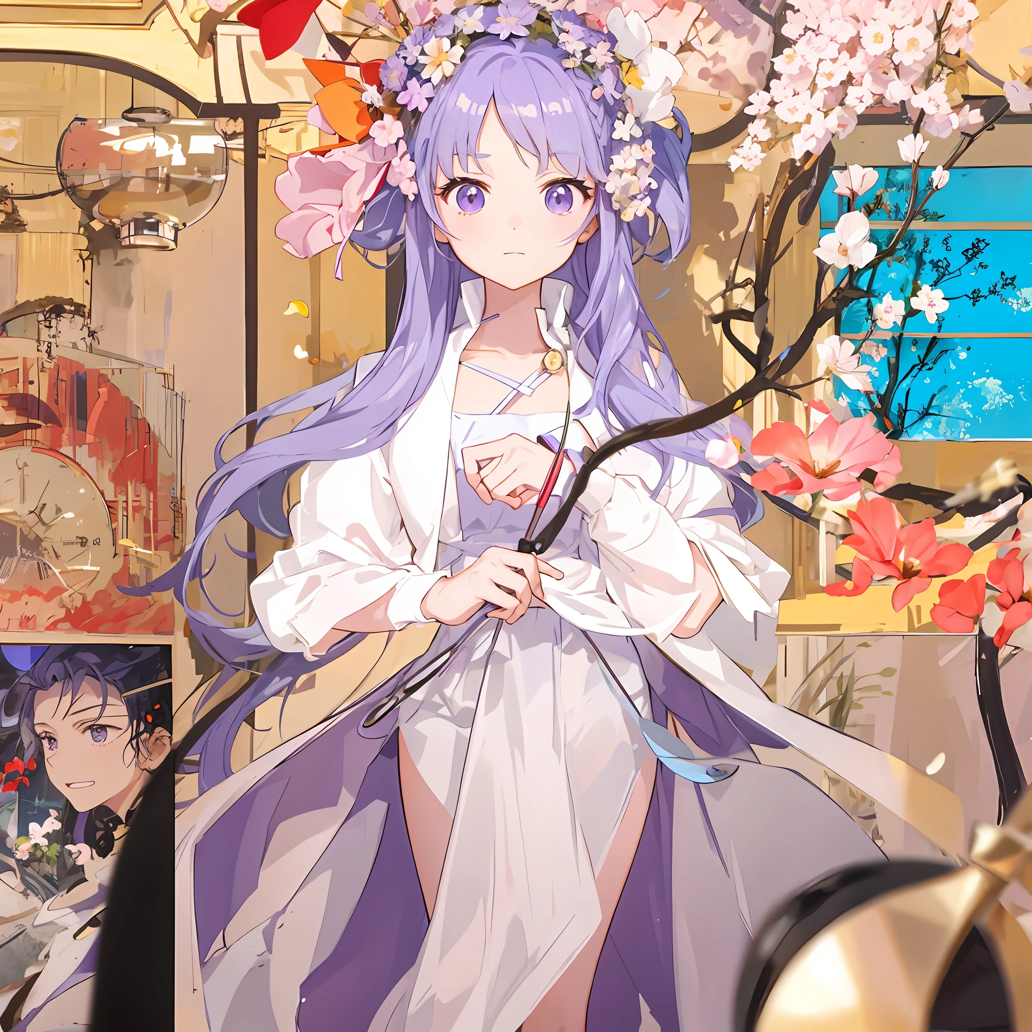 Anime girl with purple hair and holding a book, lovly, bangs, From below, Cinematic lighting, The ultra -The high-definition, High quality, Best quality, 巨作,Picking flowers in the garden