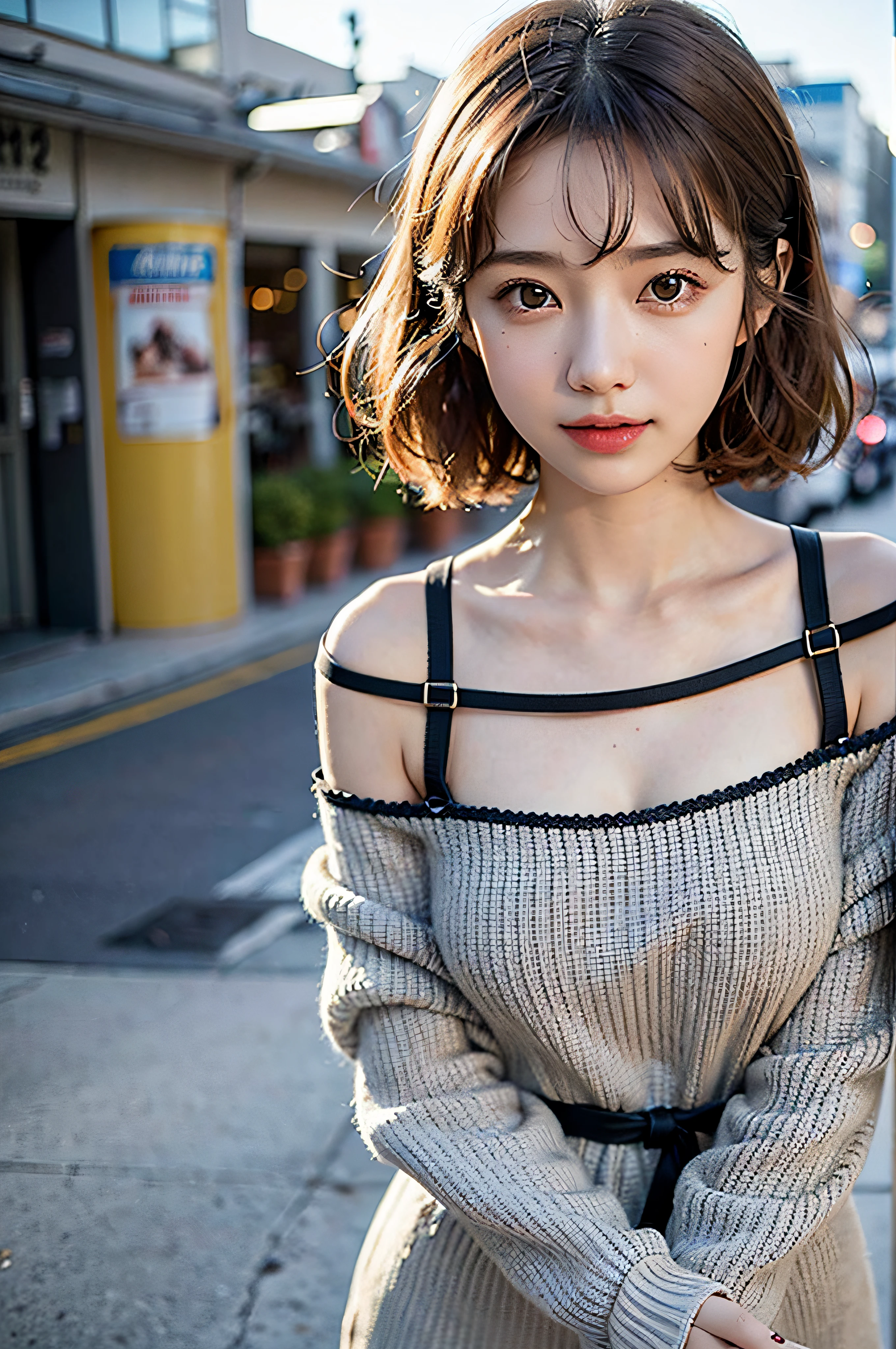 (delicate illustration:1.3)、(masterpiece:1.0)、(beste-Qualit:1.4)、(The ultra-Highres:1.2)、(Hphotorealistic:1.4)、(8K、Raw photography:1.2)、(foco nítido:1.3)、fullllbody、(23years old:1.4)、(((One girl wearing a detailed off-shoulder knitted dress)))、((Girl with short bob hair))、(((Girl with gray hair color)))、(Brightly colored clothing)、(Fashionable patterned clothes)、(((urban backdrop)))、((Brown contacts white skin))、鎖骨、hugetits、(Happy smiling face)、landscapes、bangss:1.2、beautiful detailed eye、(sface focus)、 When you look into the camera、Slimed、Slender West、Thin leg、(cute little)、(Beautiful fece)、showing the view from above、pureerosface_v1、ulzzang -6500-v1.1