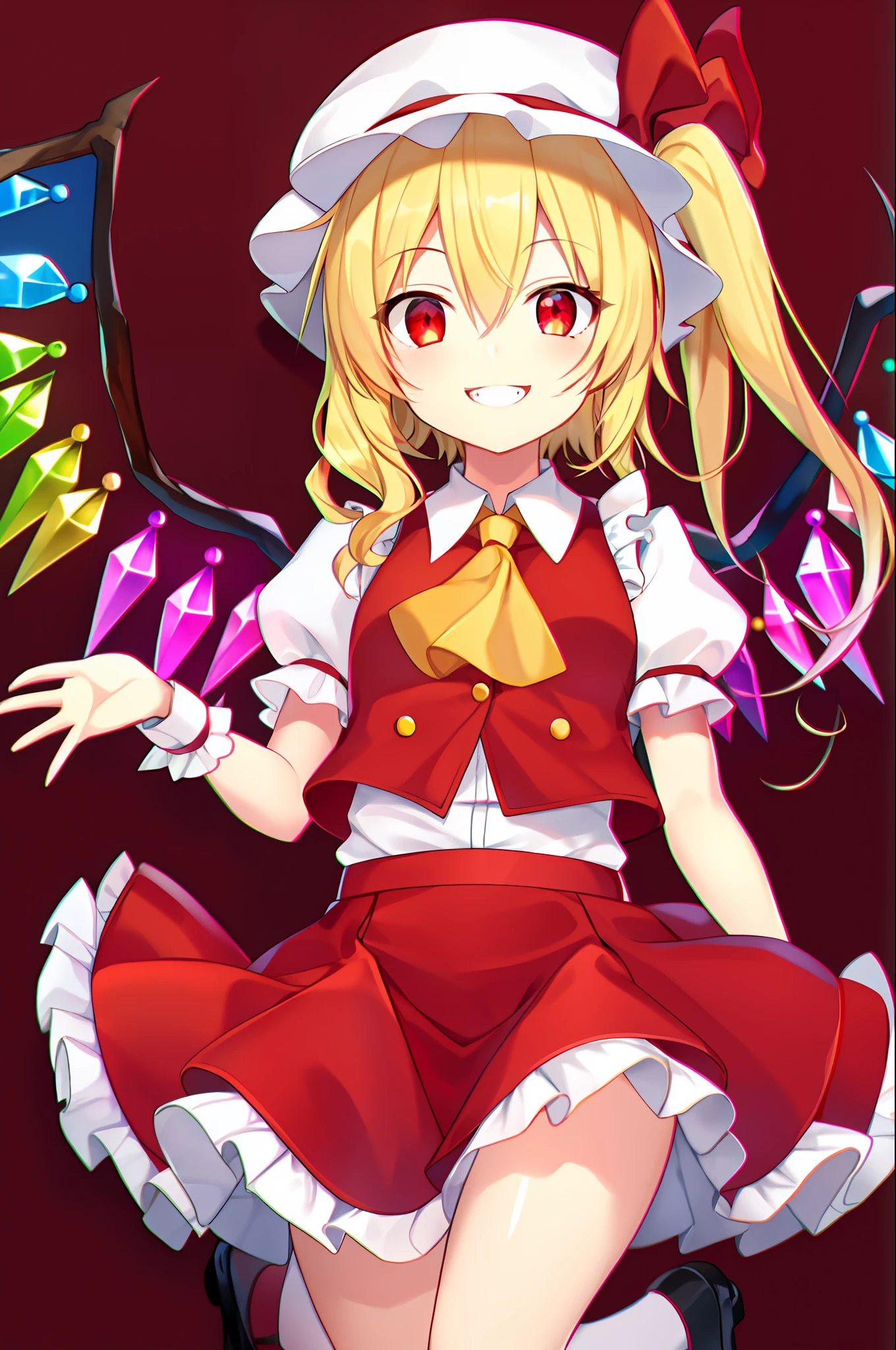 best quality, ultra high res, 1girl, solo, flandre scarlet, white soft hat, red hat bow, blonde hair, side ponytail, red eyes, shiny eyes, fang, red vest, short sleeves, puffy sleeves, yellow ascot, red frilled skirt, (crystal wings:1.2), bobby socks, mary janes, red shoes, laughing, ((evil smile)), looking at viewer, facing front, upper body, portrait,