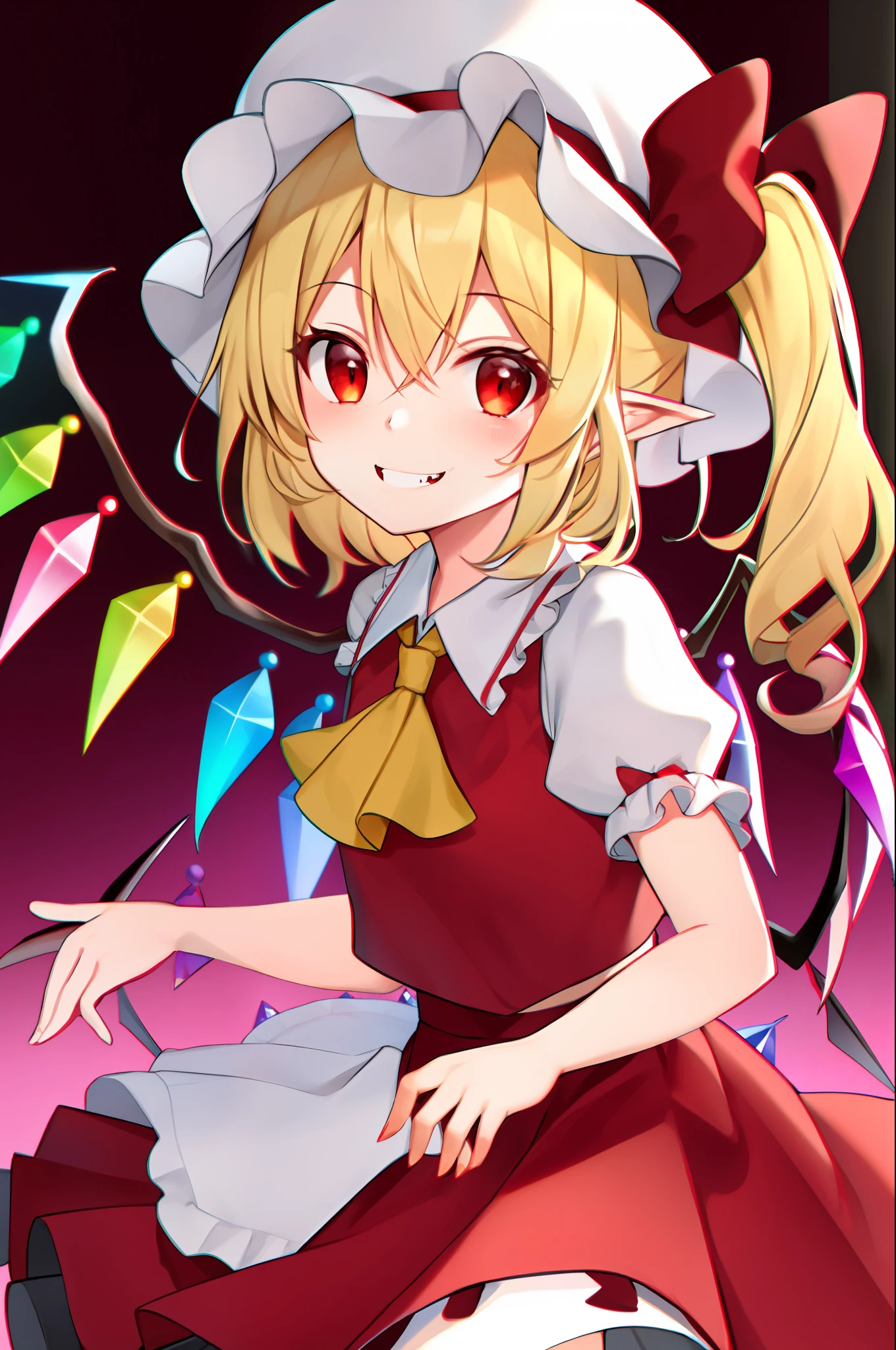 best quality, ultra high res, 1girl, solo, flandre scarlet, white soft hat, red hat bow, blonde hair, side ponytail, red eyes, shiny eyes, fang, red vest, short sleeves, puffy sleeves, yellow ascot, red frilled skirt, (crystal wings:1.2), bobby socks, mary janes, red shoes, laughing, ((evil smile)), looking at viewer, facing front, upper body, portrait,