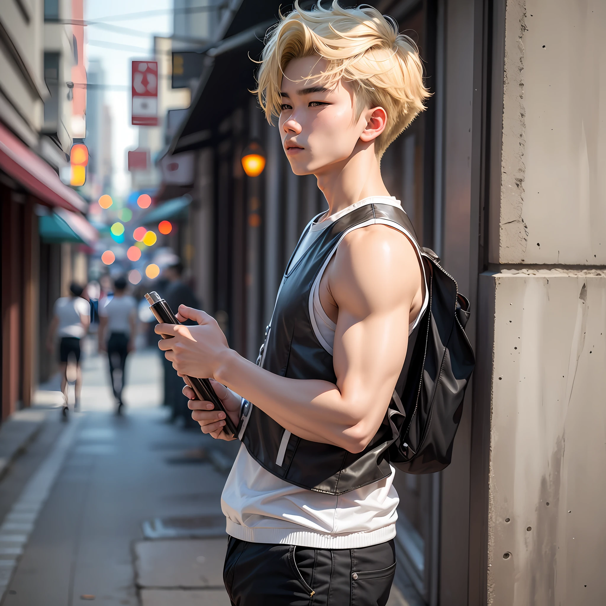18-year-old Taiwanese boy,Blonde hair,Wear a black sleeveless vest,Street photography