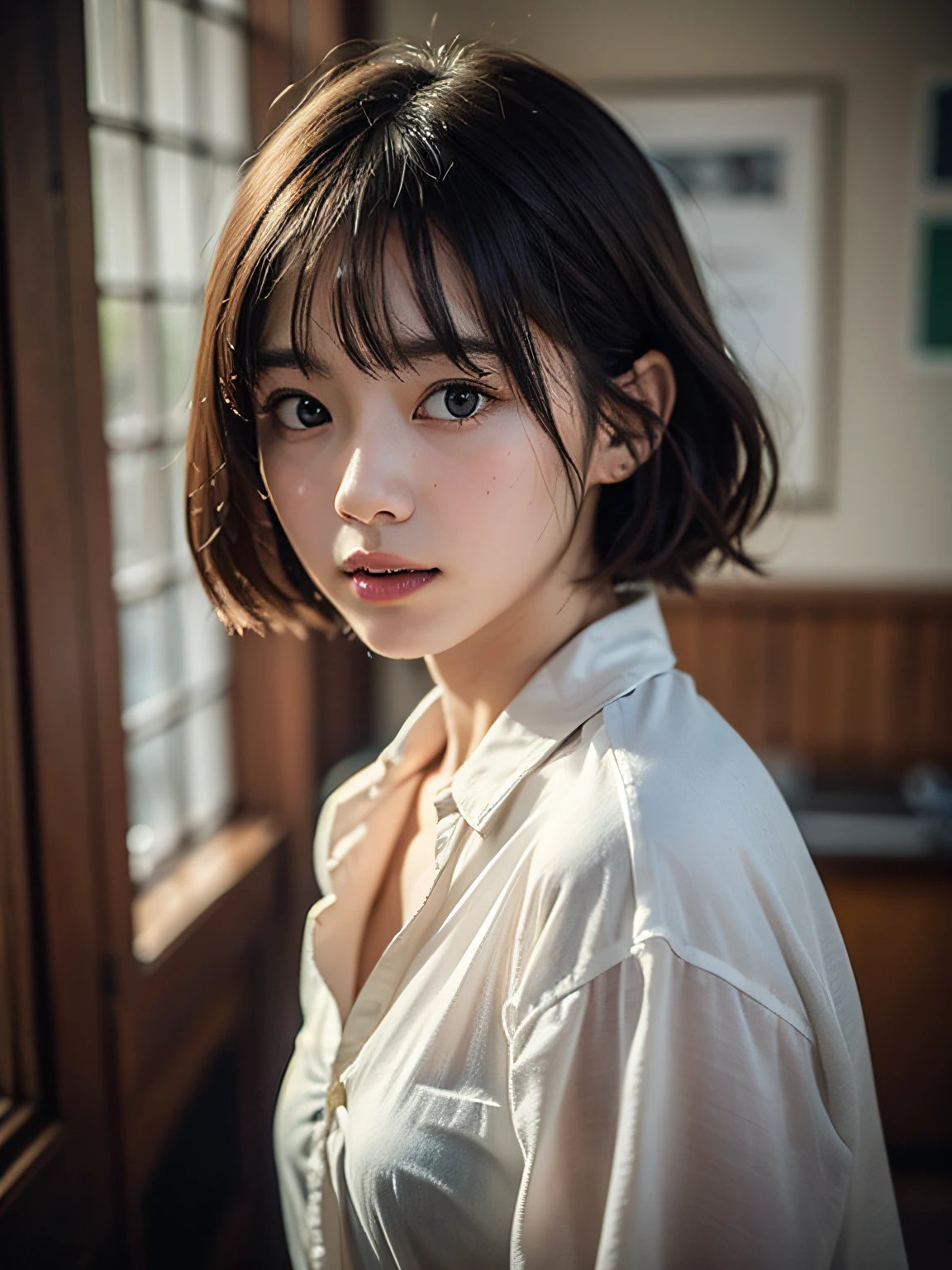 Masterpiece, Top Quality, (Dark photo:1.3), Photorealistic, One Girl, Flat bangs, Stunning innocent symmetry Face, Shirt, Emotional, Urzan, (PureErosFace_V1:0.7), Japanese Teacher