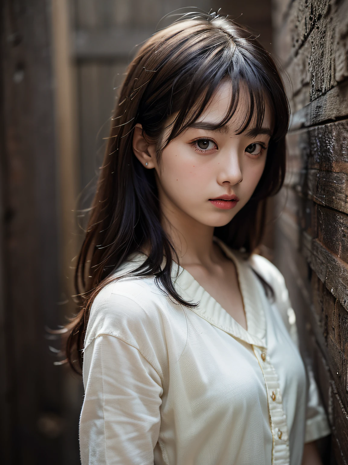 Masterpiece, Top Quality, (Dark photo:1.3), Photorealistic, One Girl, Flat bangs, Stunning innocent symmetry Face, Shirt, Emotional, Urzan, (PureErosFace_V1:0.7), Japanese Teacher