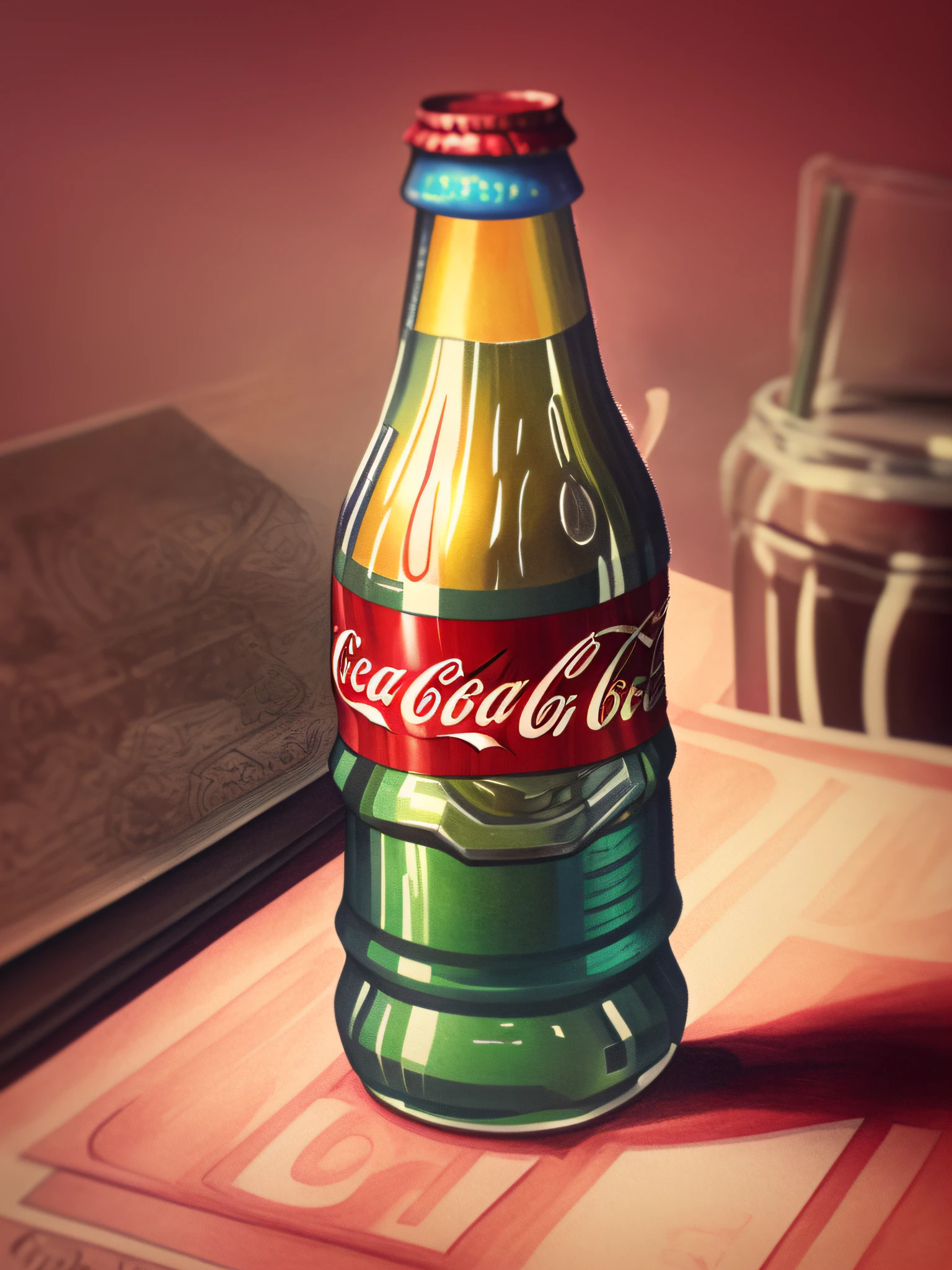 up close shot of a delicious coke on a kitchen table, detailed illustration, cartoon, in the style arcane,