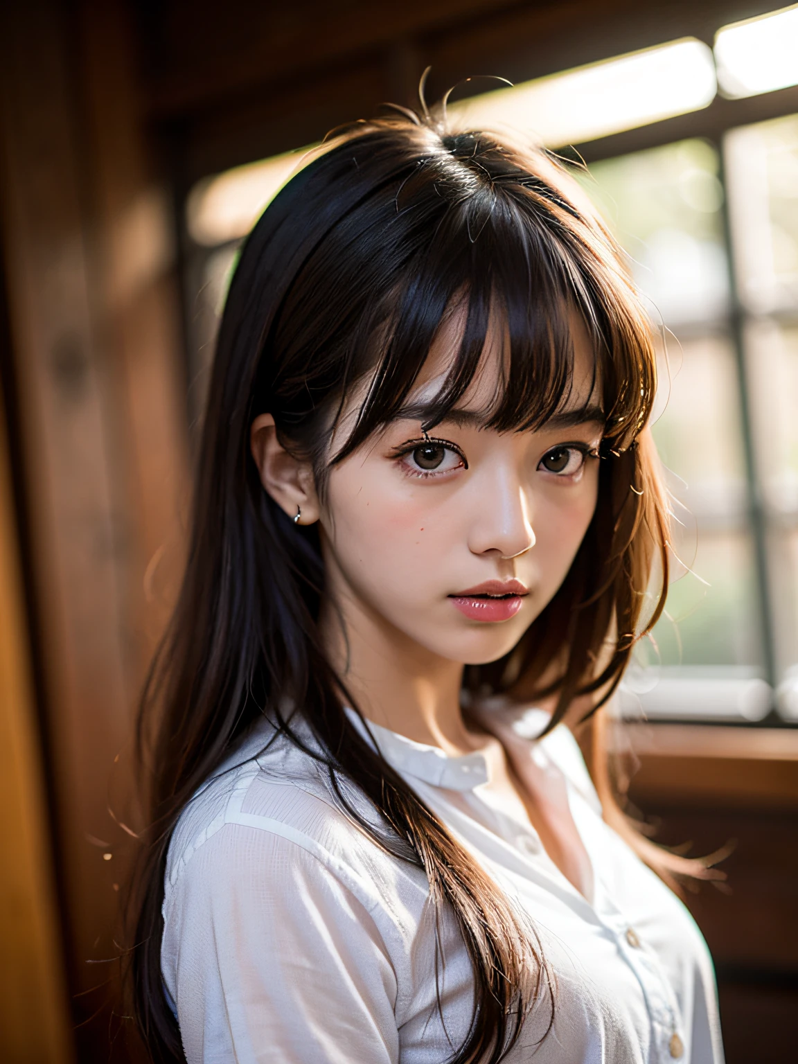 Masterpiece, Top Quality, (Dark photo:1.3), Photorealistic, One Girl, Flat bangs, Stunning innocent symmetry Face, Shirt, Emotional, Urzan, (PureErosFace_V1:0.7), Japanese Teacher