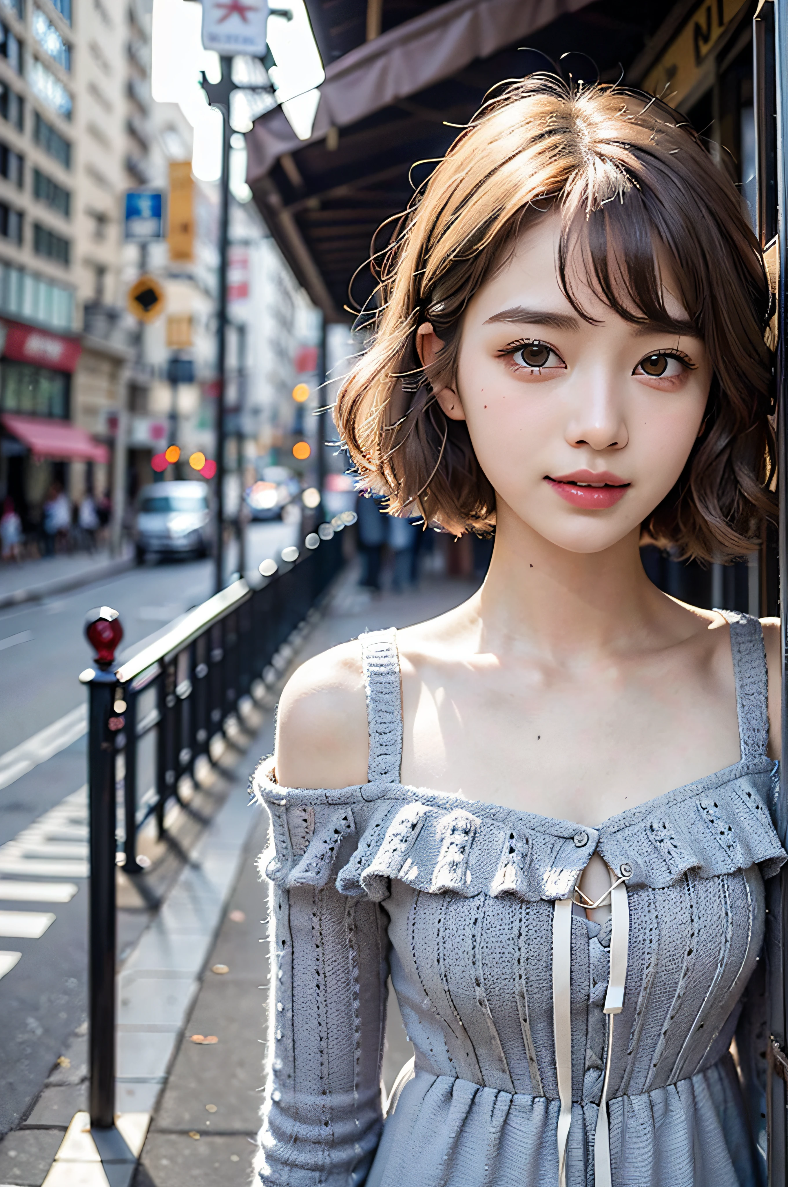 (delicate illustration:1.3)、(​masterpiece:1.0)、(beste-Qualit:1.4)、(The ultra-Highres:1.2)、(Hphotorealistic:1.4)、(8K、Raw photography:1.2)、(foco nítido:1.3)、fullllbody、(23years old:1.4)、(((One girl wearing a detailed off-shoulder knitted dress)))、((Girl with short bob hair))、（((Girl with gray hair color))）、(Brightly colored clothing)、(Fashionable patterned clothes)、(((urban backdrop)))、((Brown contacts white skin))、鎖骨、hugetits、(Happy smiling face)、landscapes、bangss:1.2、beautiful detailed eye、(sface focus)、 When you look into the camera、Slimed、Slender West、Thin leg、(cute little)、(Beautiful fece)、showing the view from above、pureerosface_v1、ulzzang -6500-v1.1