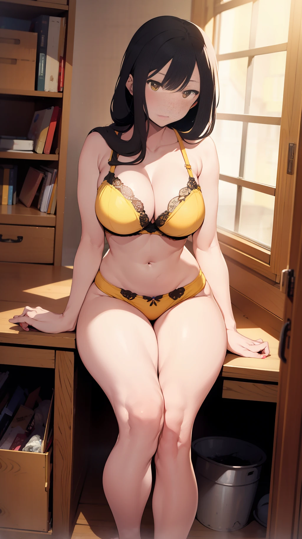 one woman, sitting with legs tucked under, tall of a person,yellow bra,yellow ,thin,gleaming skin,beautiful face,sharp eyes,brown eyes,flushed cheeks,cool,angry,long hair,pony tale, black hair,slender face,indoor,illustration style,anime style,masterpiece, extremely fine and beautiful,illustration,adult woman