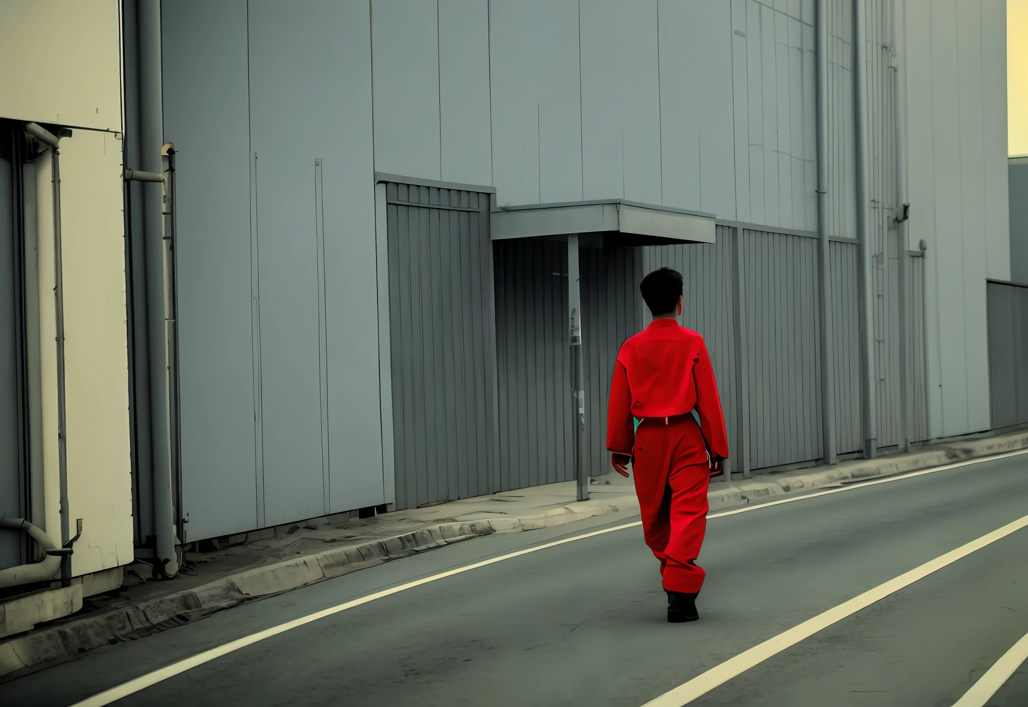 Lots of stars at night,A man walks alone on the road,Wearing PetroChina red overalls,On both sides of the road are factory buildings
