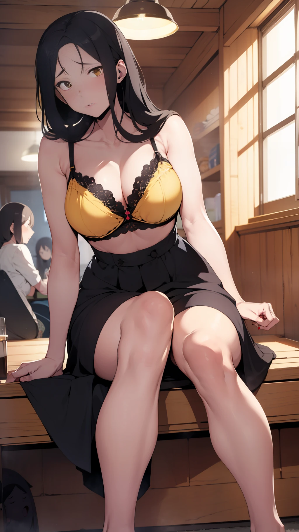 one woman, sitting with legs tucked under, tall of a person,yellow bra,yellow panty,thin,gleaming skin,beautiful face,sharp eyes,brown eyes,flushed cheeks,cool,angry,long hair,pony tale, black hair,slender face,indoor,illustration style,anime style,masterpiece, extremely fine and beautiful,illustration,adult woman
