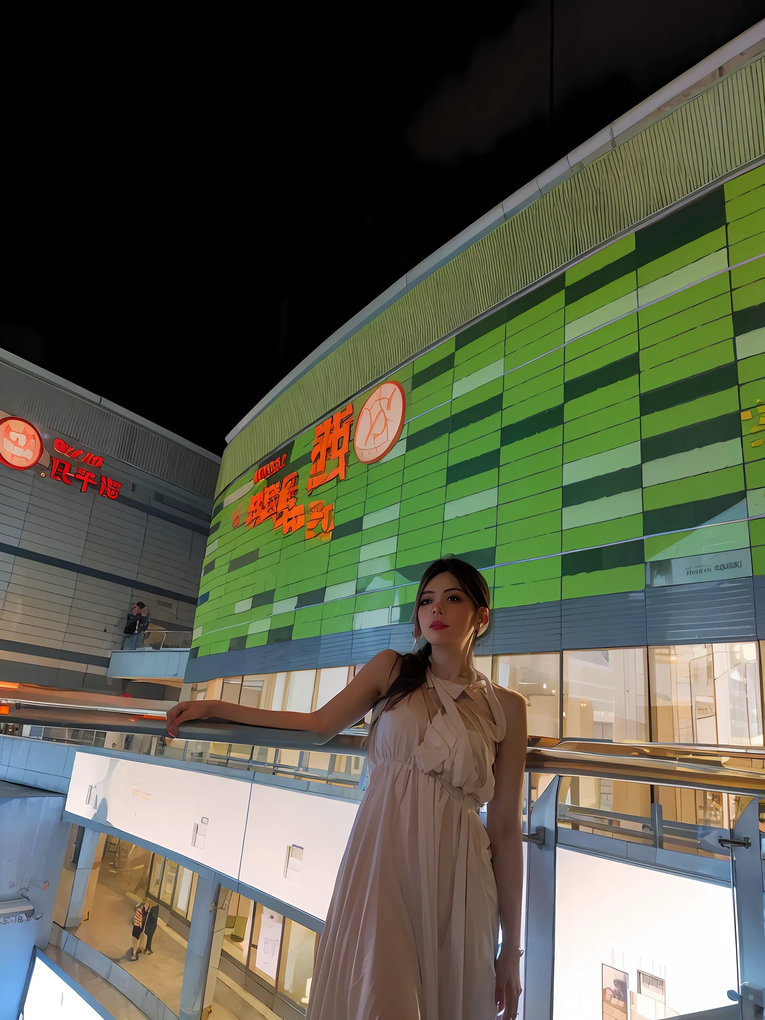 The queen in a white dress stands in front of a building,