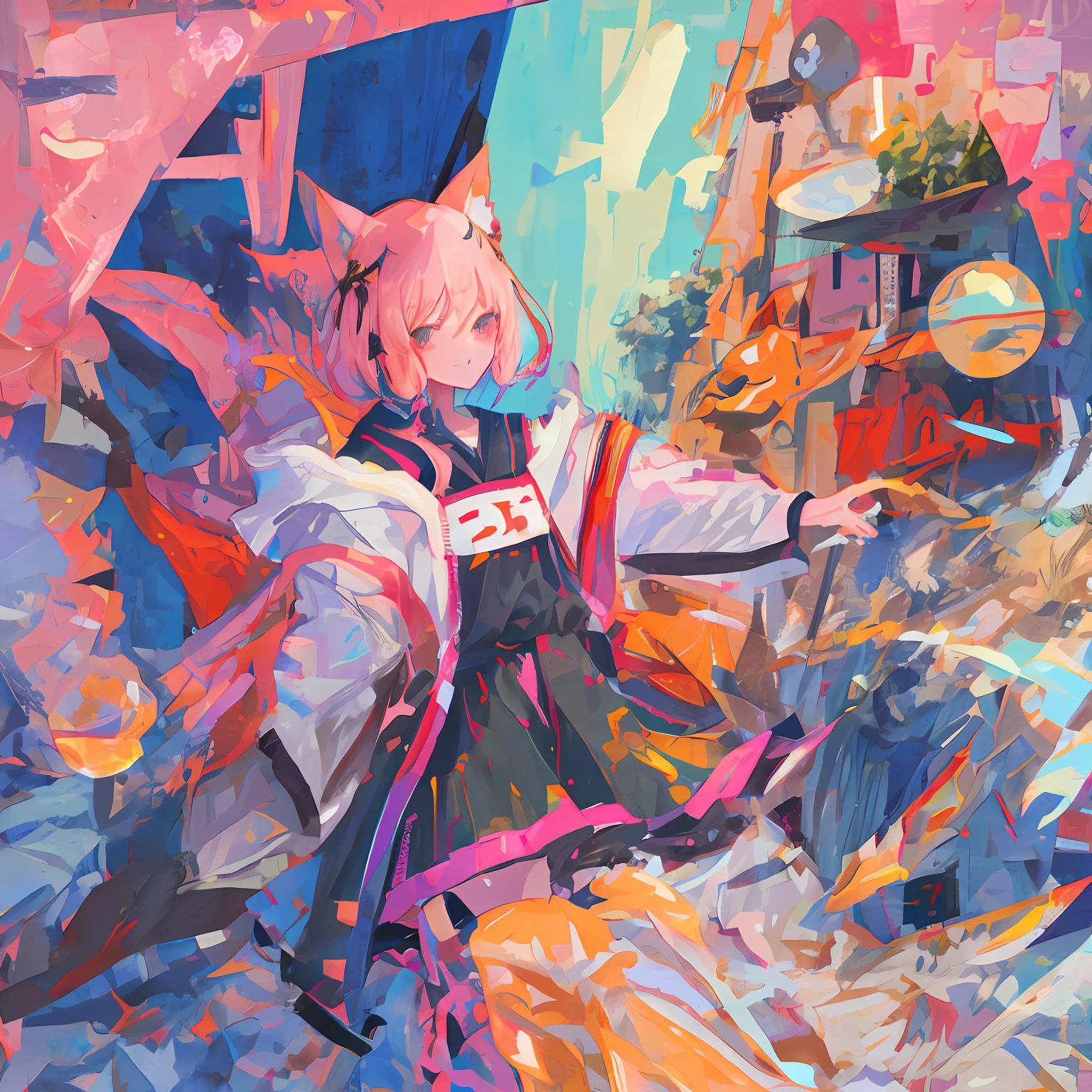 Nazuna Hiwatashi, 1girl, outside, solo, pink hair, body fur, fox ears, fox tail, high res, clothed, furry, sharp focus, colorful, balls_deep,