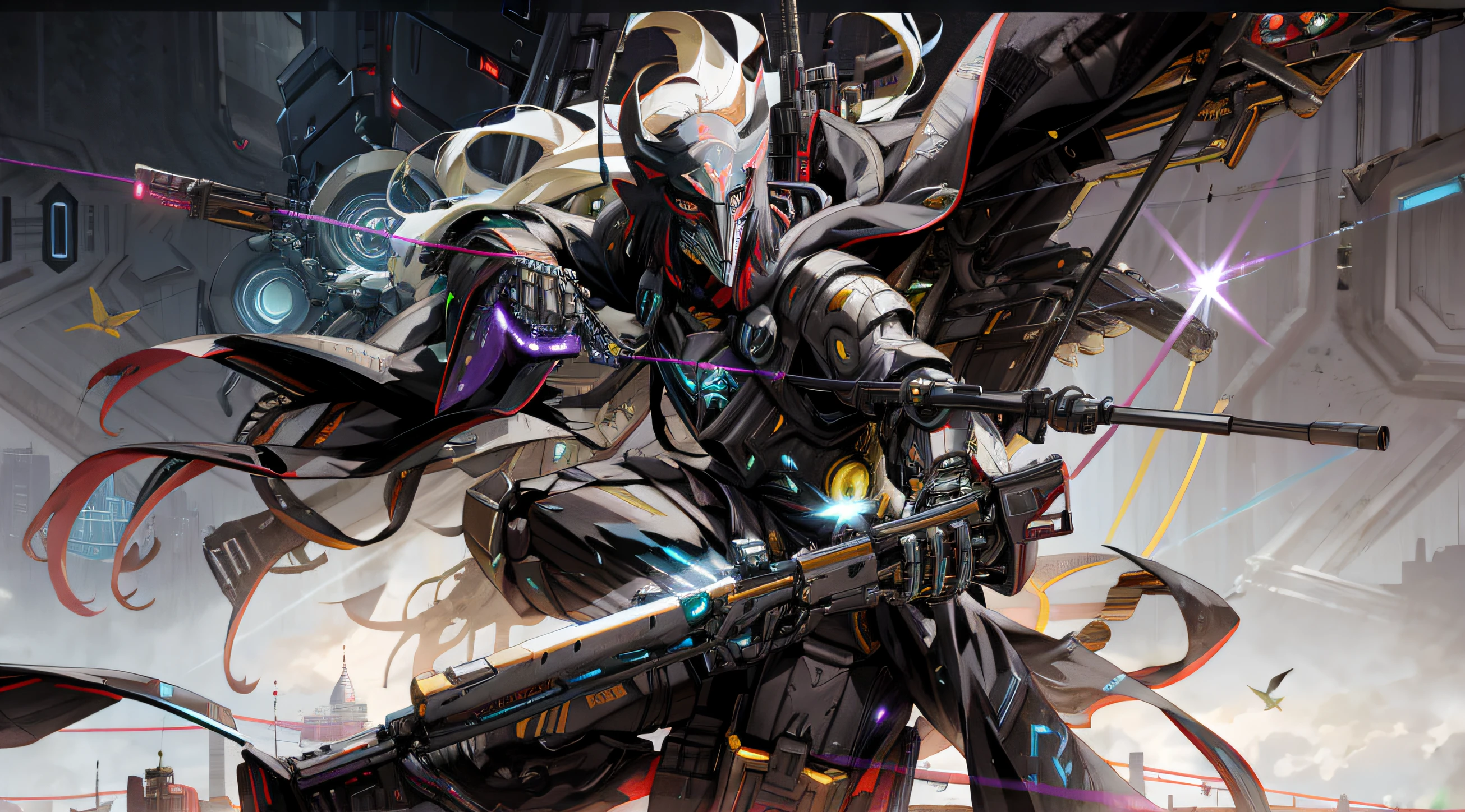 (Homem em um traje de peste blacK futuristic:0.9), (raven mask:1.1), (rifle:1.3), (Cyber futuristic environment:1.4), (bright and contrasting lighting:0.2), (Dynamic shooting angle:1.3), (contraste de fundo escuro:0.1), (Realismo:1.1), Escuro_fantasia,CyberpunK,(motosserra,homem vestido de corvo,portanto: 1.1),1 homem,Mechanical wonder of steel,robotic presence,cybernetic guardian, wearing a worn mechanical suit, intrincado, (steel metal [enferrujado]), elegante, Foco claro , Filmado por Greg RutKowsKi, soft ilumination, cores vibrantes, obra-prima, ((rua)), dinamic pose, ciencia_fiction, K